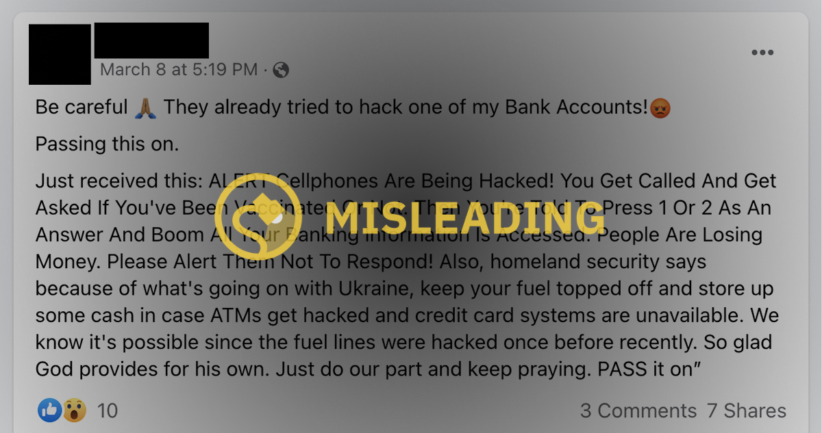 Facebook posts claimed that cellphones are being hacked and that a Homeland Security official issued a memo to keep food and fuel and supplies ready for an emergency plan because of Ukraine and Russia.