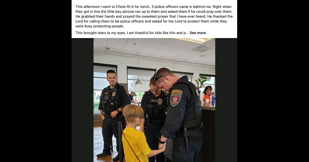 A Facebook post said a little boy asked to pray with police officers at a Chick-fil-A in Burleson Texas.