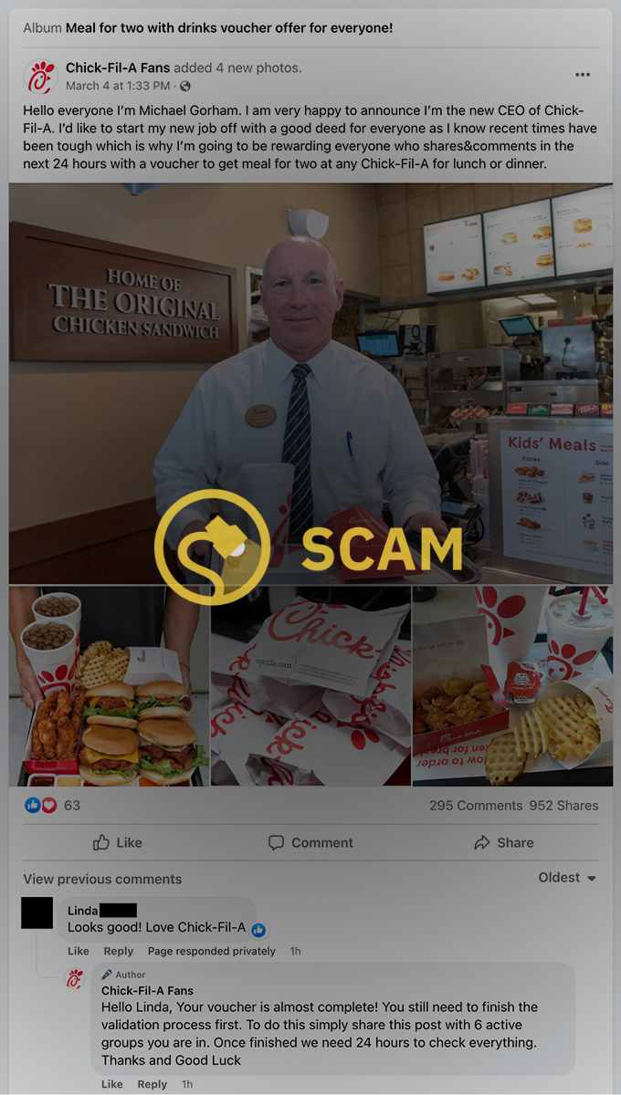 Olive Garden president Dave George and Chick-fil-A CEO Michael Gorham were not giving away a meal for two with drinks voucher offer for everyone on Facebook because it was a scam.