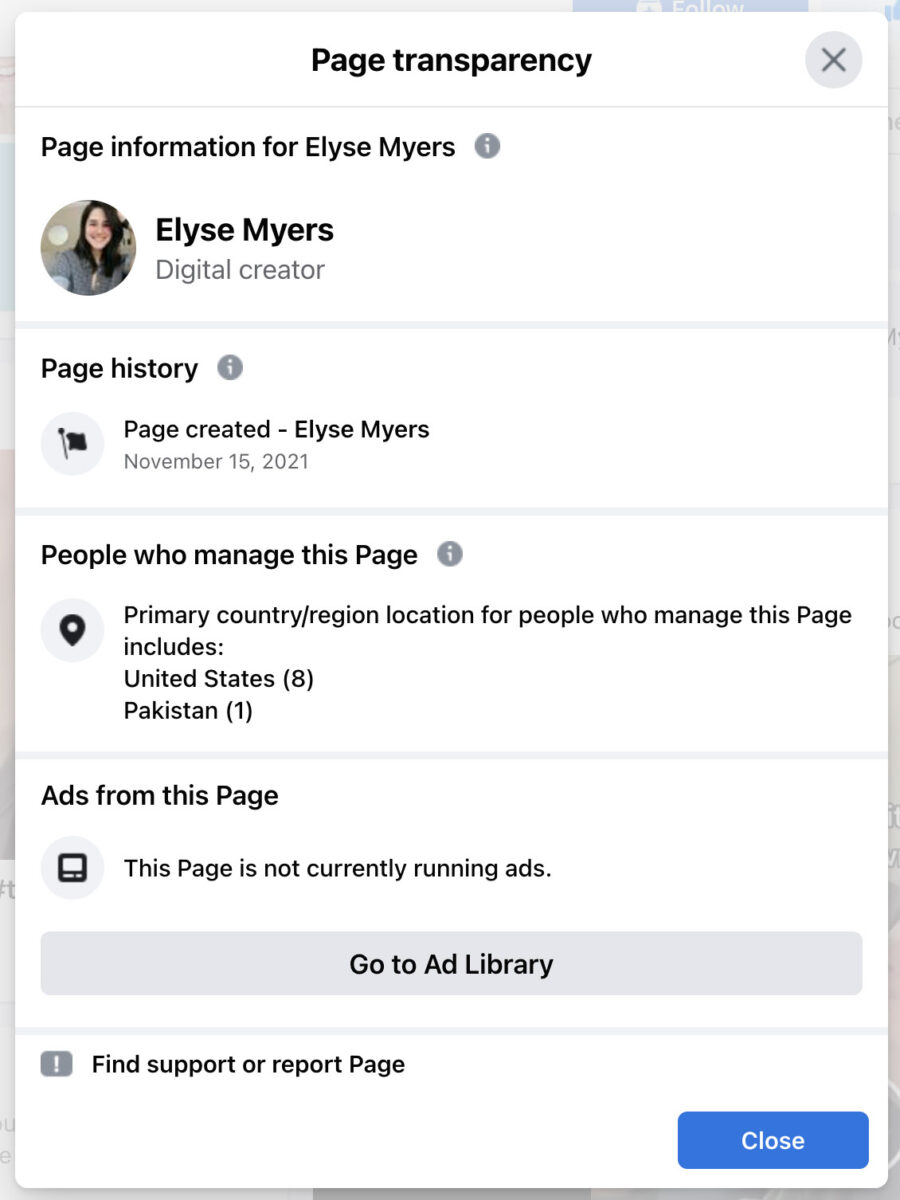 A fake Facebook page for TikTok video creator Elyse Myers appeared to be run from Pakistan.