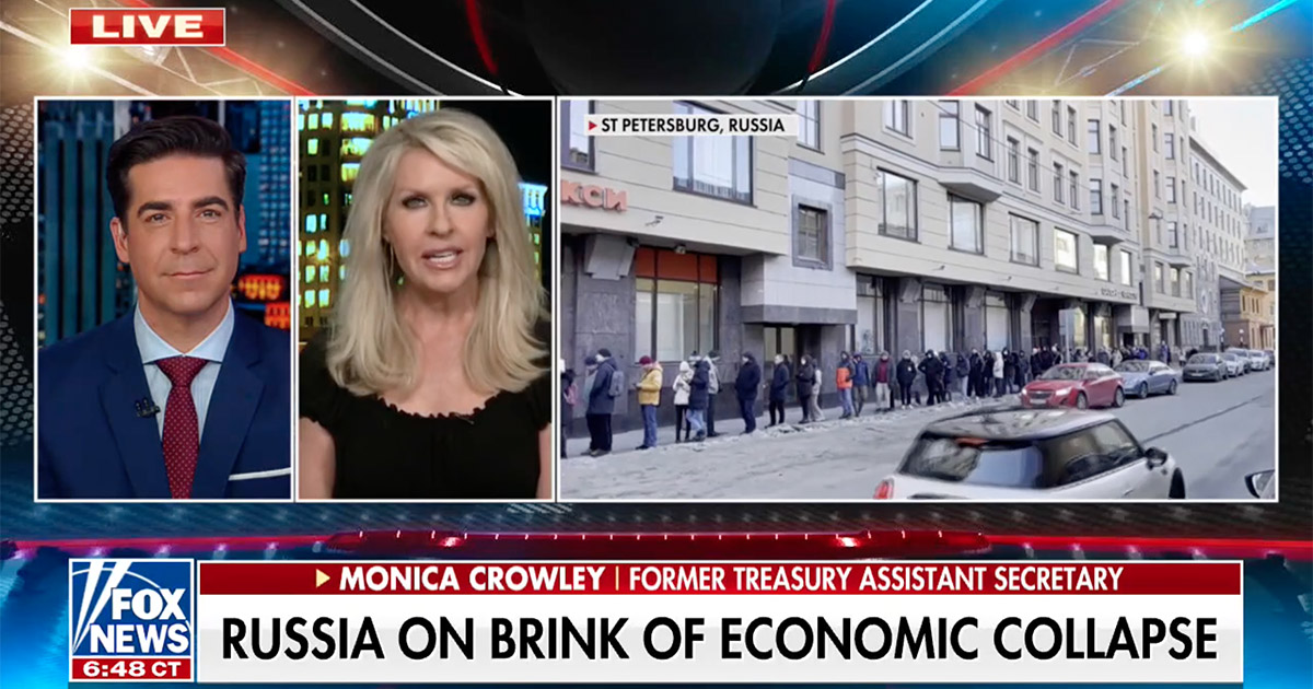 According to social media posts a Fox News guest named Monica Crowley told Jesse Watters that Russia is now being canceled.