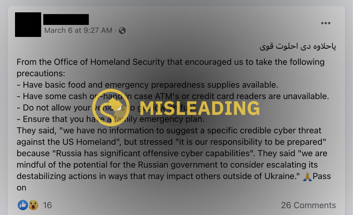 Facebook posts claimed that cellphones are being hacked and that a Homeland Security official issued a memo to keep food and fuel and supplies ready for an emergency plan because of Ukraine and Russia.