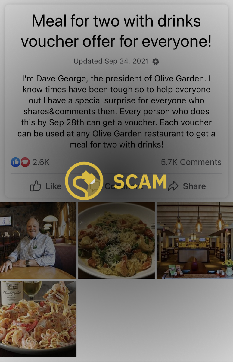 Former Olive Garden president Dave George was not giving away a meal for two with drinks voucher offer for everyone on Facebook.