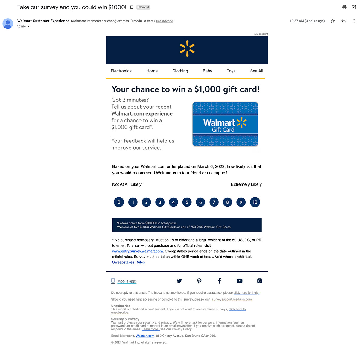 A Walmart email promised a chance to enter to win a $1000 gift card in a special sweepstakes all for taking a survey.