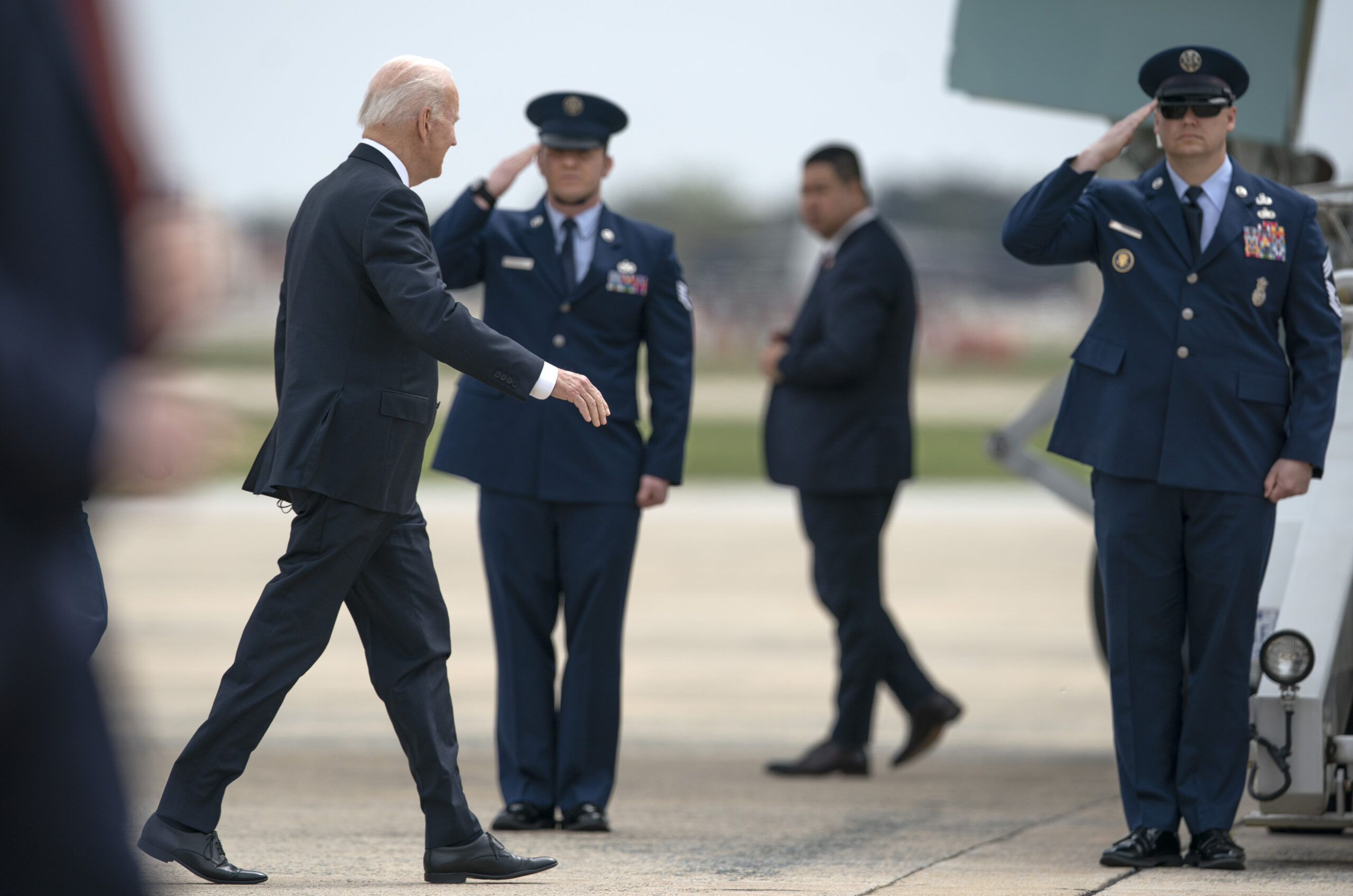 President Joe Biden walks to board Air Force One, Thursday, April 21, 2022, at Andrews Air Force Base, Md., en route to Portland, Ore. (AP Photo/Gemunu Amarasinghe)