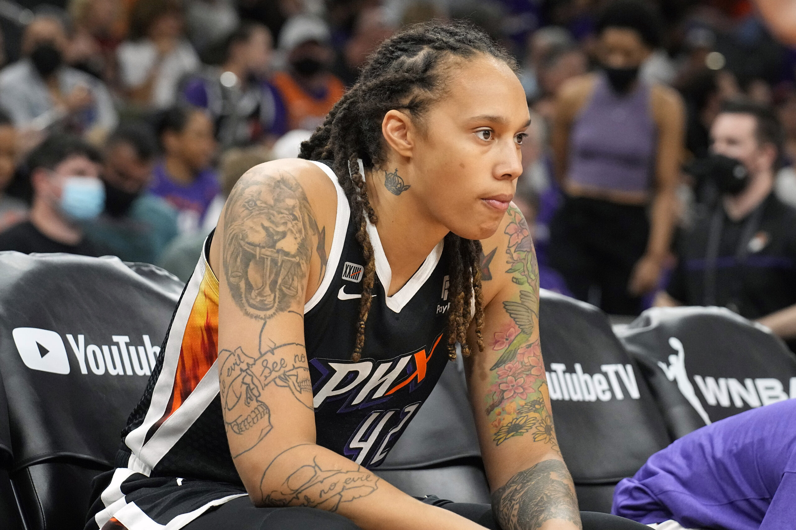 FILE - Phoenix Mercury center Brittney Griner sits during the first half of Game 2 of basketball's WNBA Finals against the Chicago Sky, Wednesday, Oct. 13, 2021, in Phoenix. Griner is easily the most prominent American citizen known to be jailed by a foreign government. Yet as a crucial hearing approaches next month, the case against her remains shrouded in mystery, with little clarity from the Russian prosecutors. (AP Photo/Rick Scuteri, File)