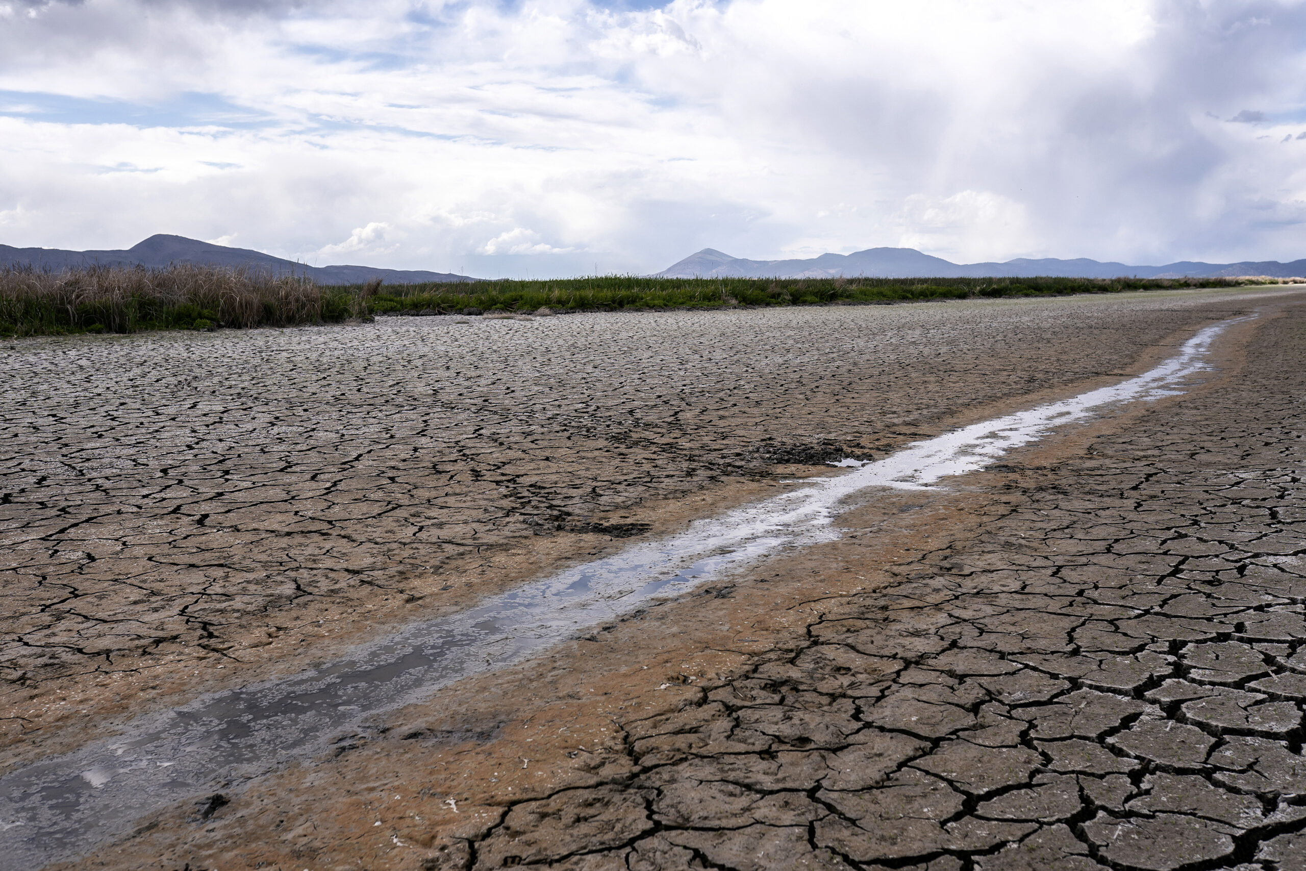 FILE - A small stream runs through the dried, cracked earth of a former wetland near Tulelake, Calif., on June 9, 2021. Southern California's gigantic water supplier has taken the unprecedented step of requiring some 6 million people to cut their outdoor watering to one day a week as drought continues to plague the state. (AP Photo/Nathan Howard, File)
