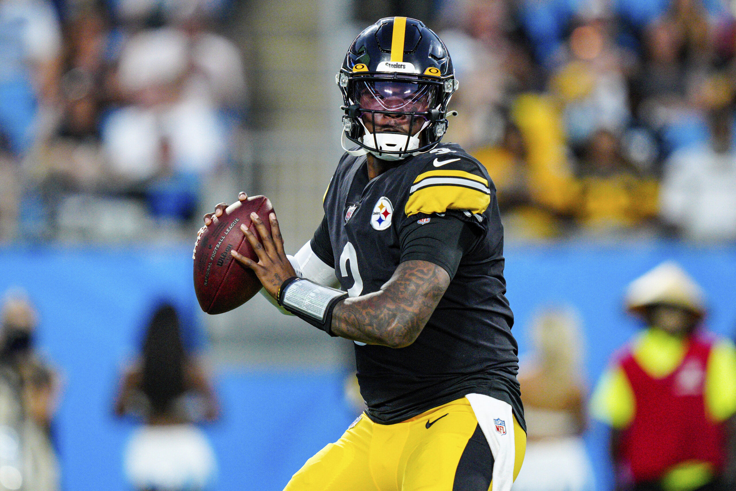 FILE - Pittsburgh Steelers quarterback Dwayne Haskins plays against the Carolina Panthers during the first half of a preseason NFL football game Friday, Aug. 27, 2021, in Charlotte, N.C. Haskins was killed in an auto accident Saturday, April 9, 2022, in Florida. Haskins' death was confirmed by the Steelers. (AP Photo/Jacob Kupferman, File)