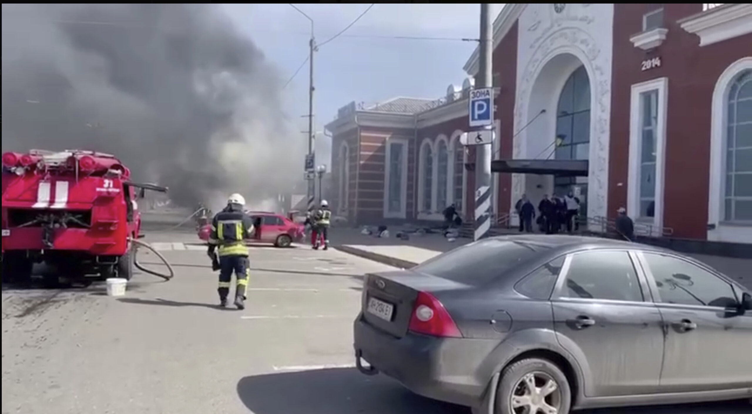 In this image from video published on Ukrainian President Volodymyr Zelenskyy's Telegram channel, a smoke rises after Russian shelling at the railway station in Kramatorsk, Ukraine, Friday, April 8, 2022. (Ukrainian President Volodymyr Zelenskyy's Telegram channel via AP)