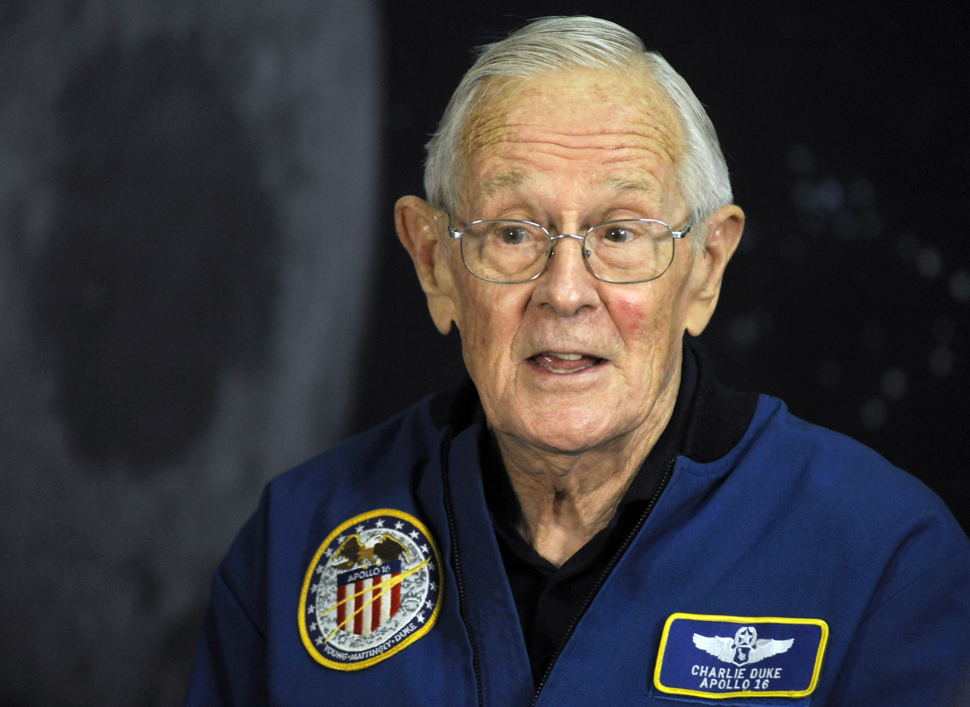 Retired NASA astronaut Charlie Duke, 86, discusses the 50th anniversary of his trip to the moon aboard Apollo 16 in Huntsville, Ala., on Wednesday, April 20, 2022. The capsule is housed at the U.S. Space and Rocket Center, located near NASA's Marshall Space Flight Center. (AP Photo/Jay Reeves)