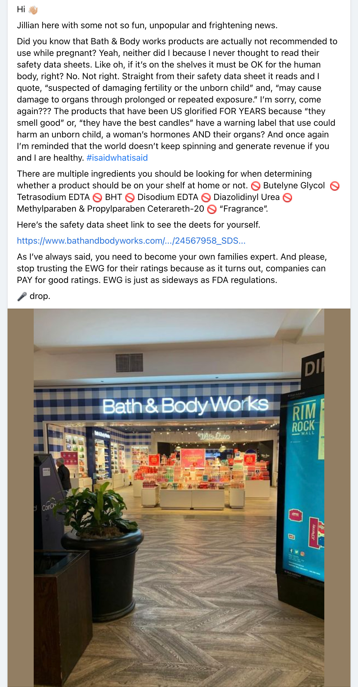 A viral Facebook post appeared to claim that Bath & Body Works products cause infertility and damage to organs and referenced a safety data sheet and also said that EWG ratings are purchased.