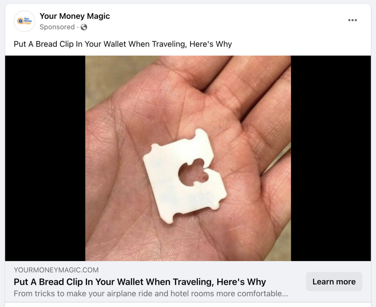 โฆษณาออนไลน์อ้างว่าเก็บคลิปหนีบขนมปังไว้ในกระเป๋าสตางค์เสมอเมื่อเดินทางหรือเดินทางคนเดียว