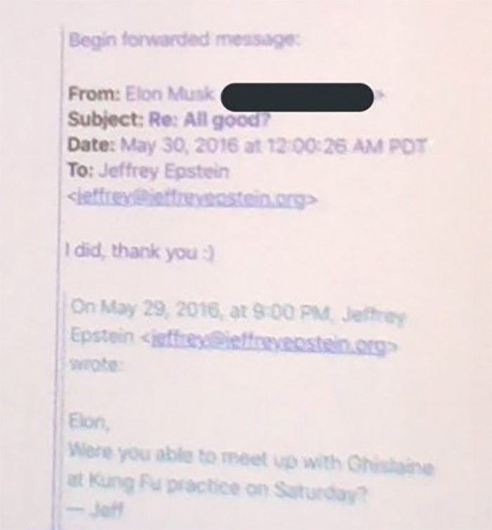 An email exchange between Jeffrey Epstein and Elon Musk about Ghislaine Maxwell and kung fu practice on Saturday was fake.