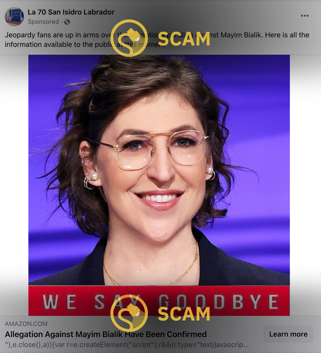 Jeopardy host Mayim Bialik was targeted in Facebook ads about false allegations and Premium Jane CBD and Serenity CBD Gummy and other CBD gummies products.