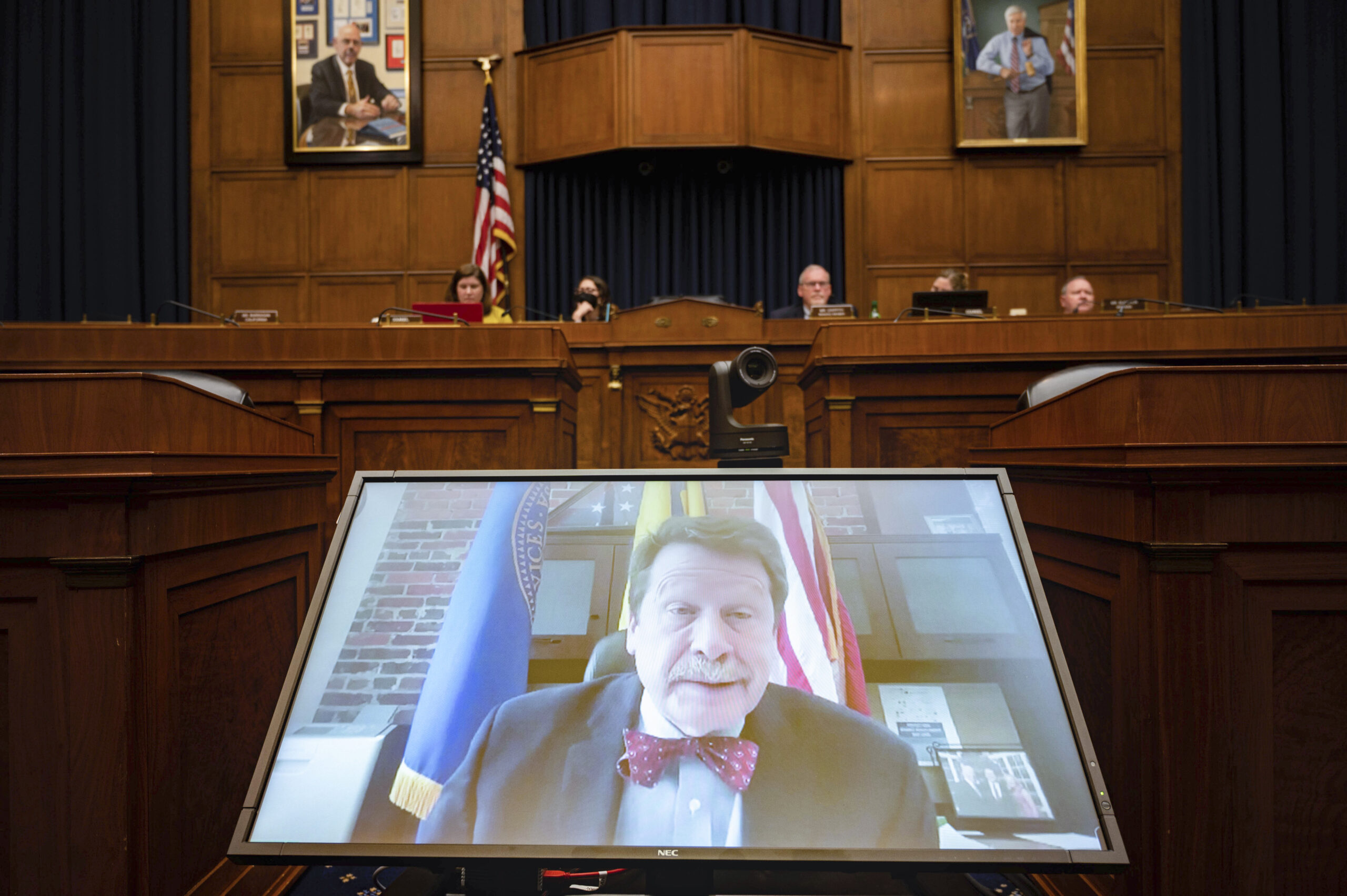 Food and Drug Administration Commissioner Robert Califf testifies via video during a House Commerce Oversight and Investigations subcommittee hybrid hearing on the nationwide baby formula shortage on Wednesday, May 25, 2022, in Washington. (AP Photo/Kevin Wolf)