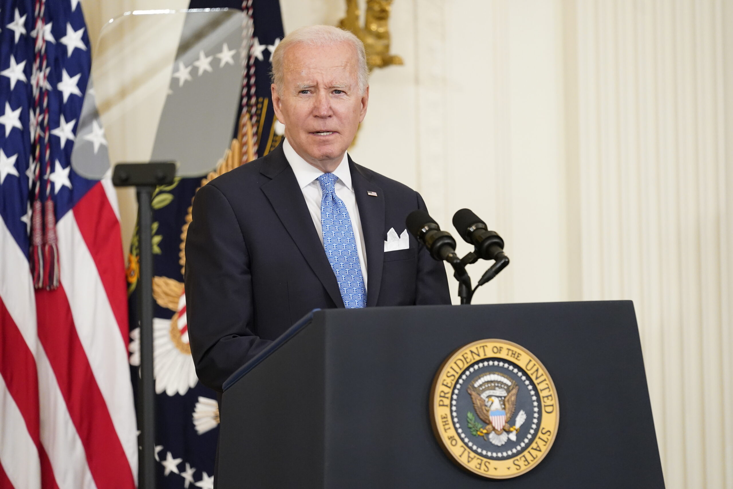 President Joe Biden speaks before presenting Public Safety Officer Medal of Valor awards to fourteen recipients, during an event in the East Room of the White House, Monday, May 16, 2022. (AP Photo/Andrew Harnik)