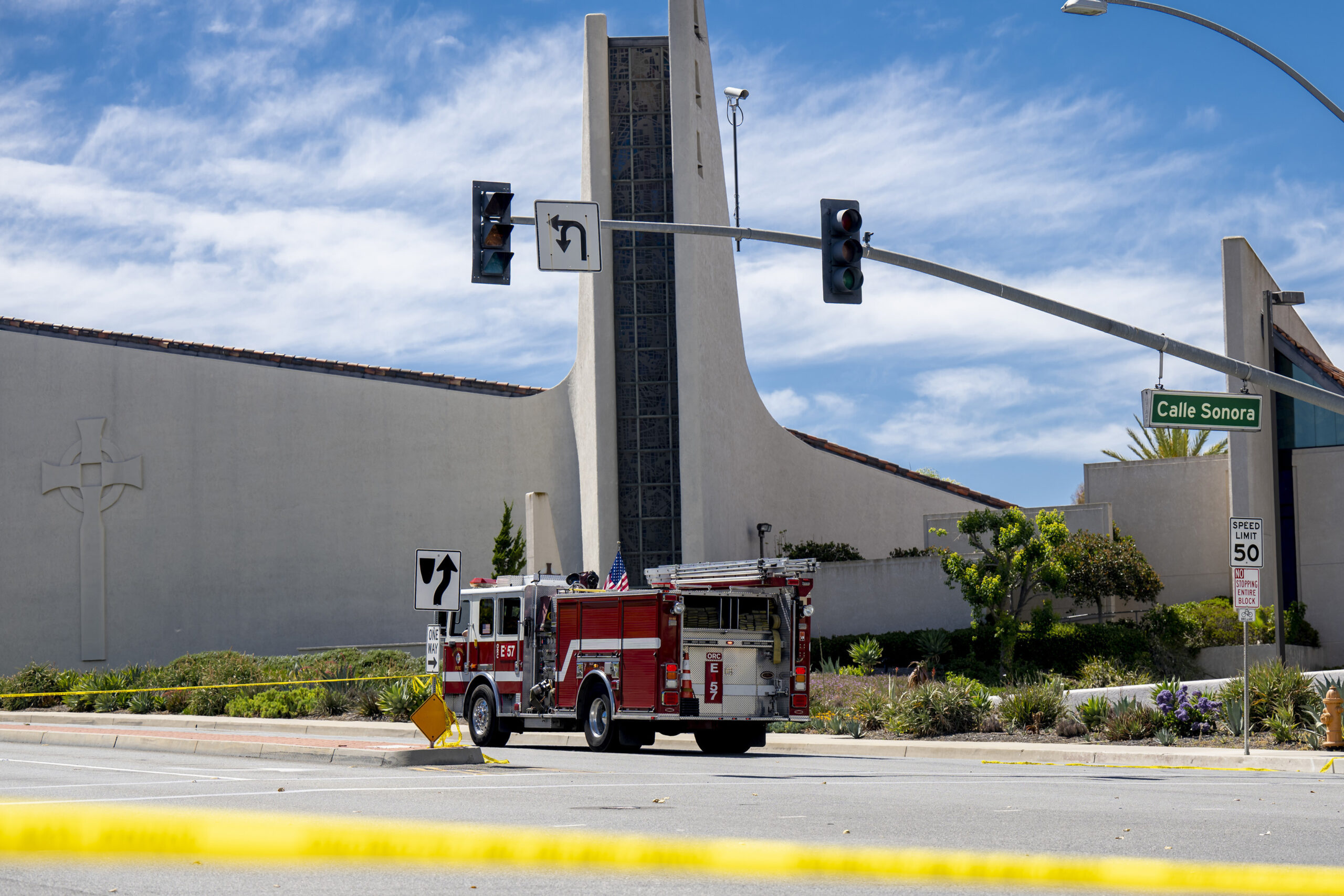 A firetruck is seen outside the Geneva Presbyterian Church in Laguna Woods, Calif., on Sunday, May 15, 2022 after a fatal shooting. (Leonard Ortiz/The Orange County Register via AP)