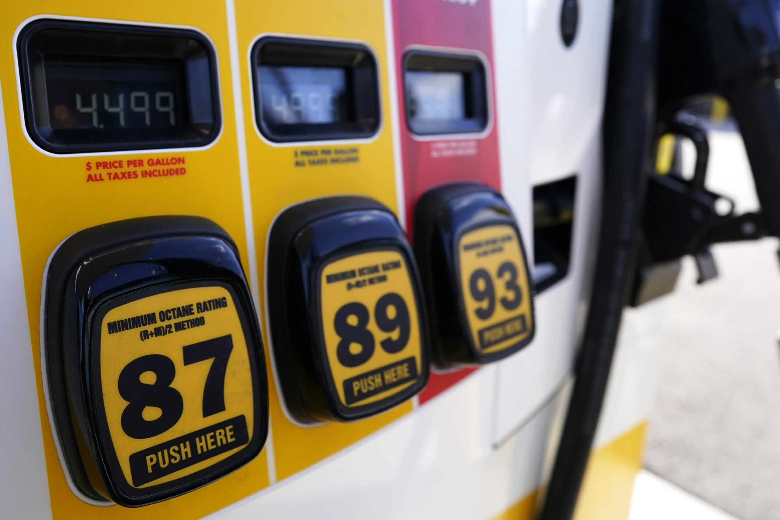 FILE - Gasoline prices are displayed at a gas station in Vernon Hills, Ill., Friday, April 1, 2022. The dollars-and-cents counter on the gas pump seems to be spinning faster these days with U.S. gasoline prices hitting another record high on Tuesday, May 10. (AP Photo/Nam Y. Huh, File)