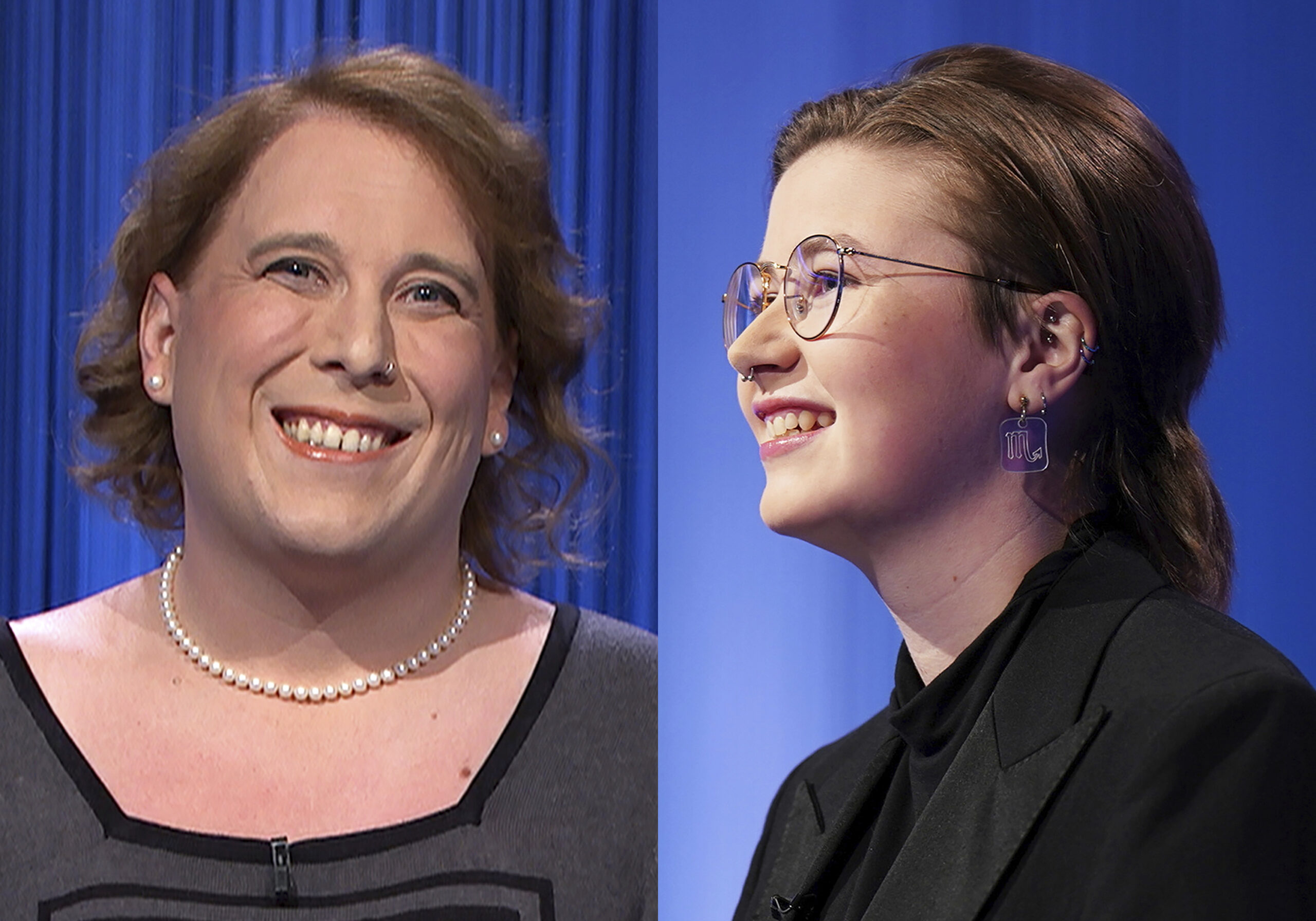 This combination of two separate photos shows contestants Amy Schneider, left, and Mattea Roach on "Jeopardy!" The game show has been enjoying an unusual run of super champs. Schneider and Roach were notable for their impressive breadth of knowledge, and they were rarely wrong. (Sony Pictures Entertainment via AP)