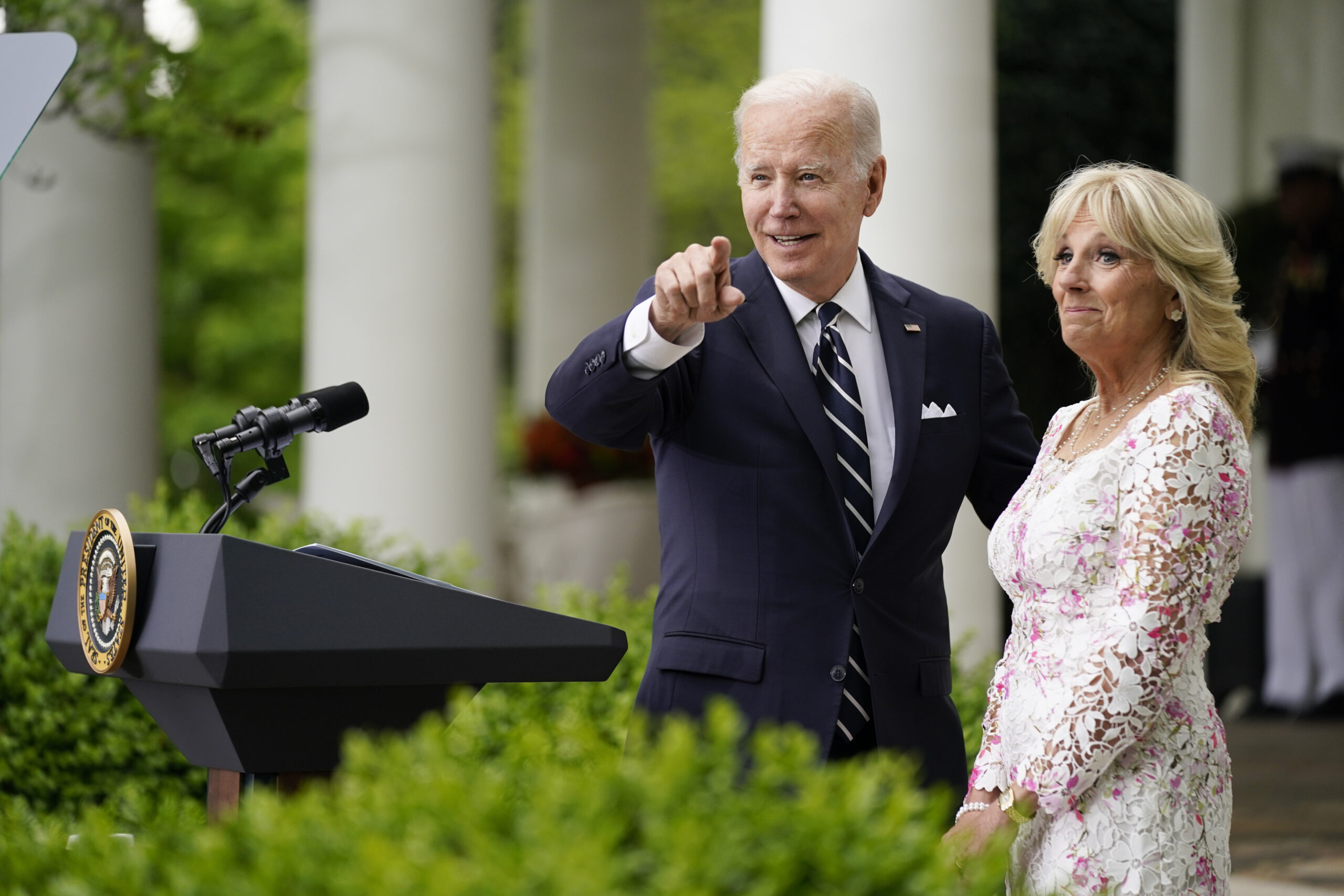 FILE - President Joe Biden points to Mexico's first lady Beatriz Gutierrez Muller as first lady Jill Biden watches as he speaks during a Cinco de Mayo event in the Rose Garden of the White House, May 5, 2022, in Washington. Jill Biden says she and the president don't hash out disagreements in front of other people, but argue instead by text. “Fexting” is what they call it. The first lady has revealed that and more in a new interview in the June-July issue of Harper's Bazaar. (AP Photo/Evan Vucci, File)