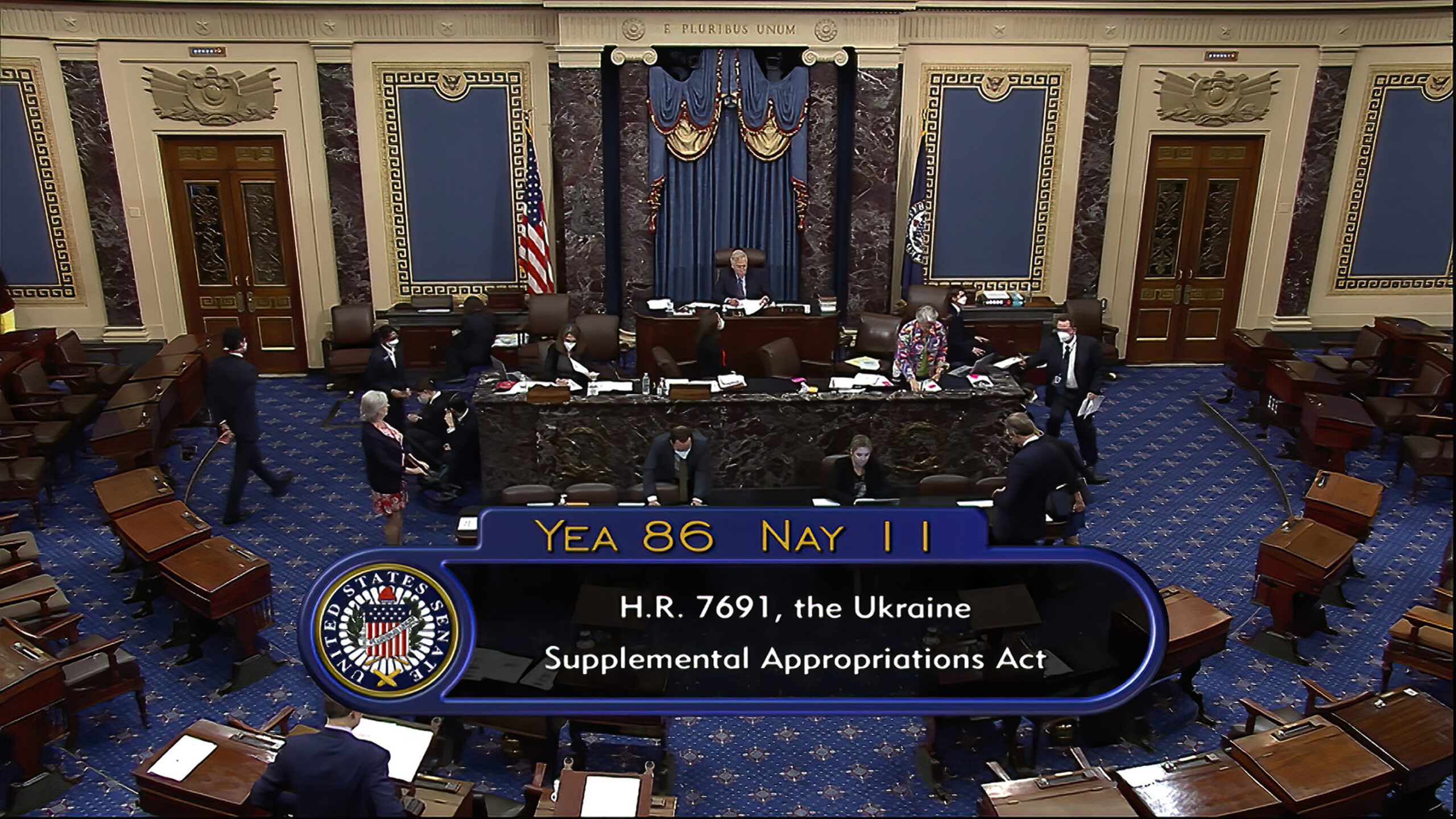 This image from Senate Television video shows the final vote of 86-11 as the Senate overwhelmingly approved a $40 billion infusion of military and economic aid for Ukraine and its allies on Thursday, May 19, 2022, in Washington, as both parties rallied behind America's latest, and quite possibly not last, financial salvo against Russia's invasion. (Senate Television via AP)