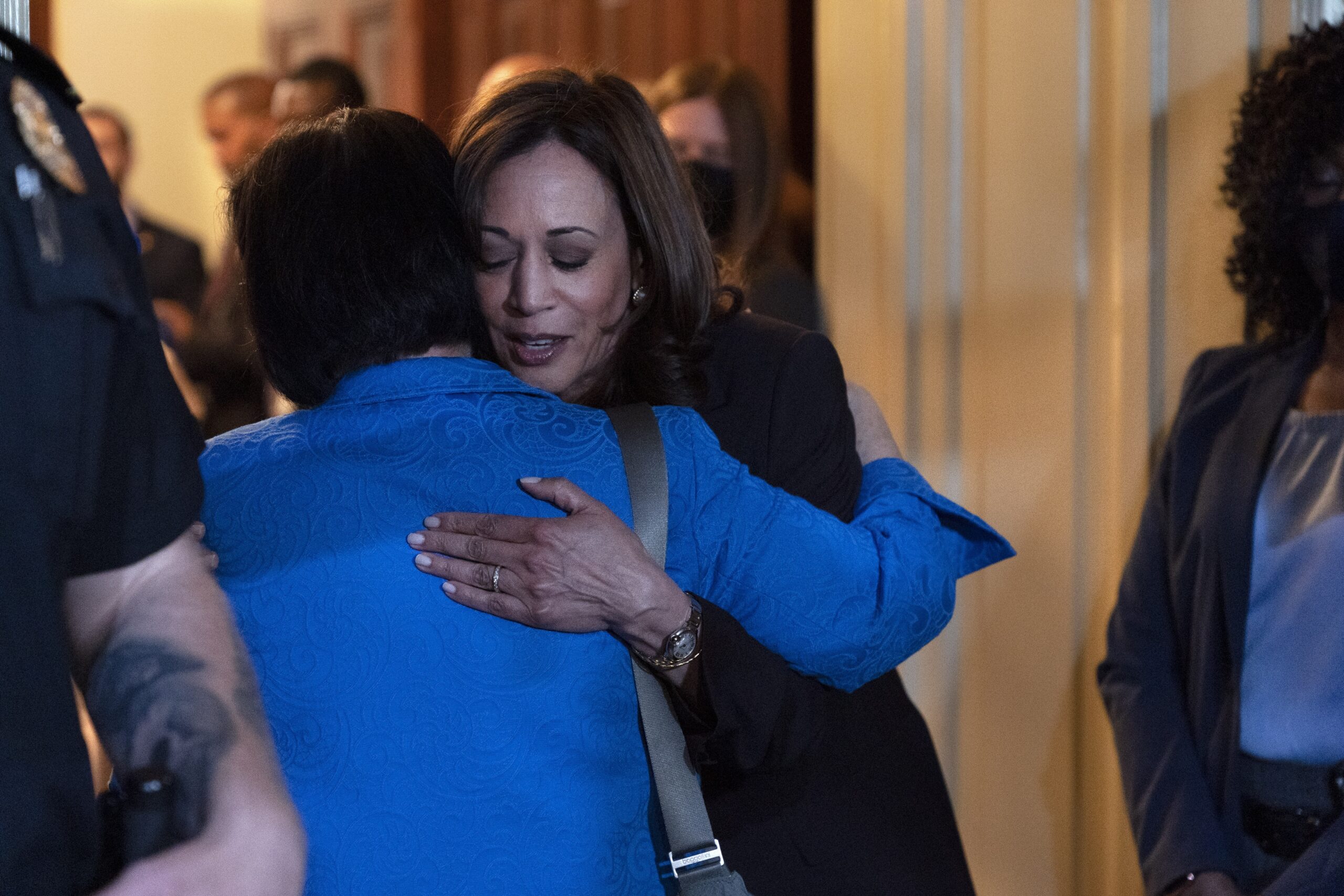Vice President Kamala Harris hugs Sen. Mazie Hirono, D-Hawaii, after Harris spoke to the media about a procedural vote that did not pass on the Women's Health Protection Act to codify the landmark 1973 Roe v. Wade decision that legalized abortion nationwide, Wednesday, May 11, 2022, on Capitol Hill in Washington. (AP Photo/Jacquelyn Martin)