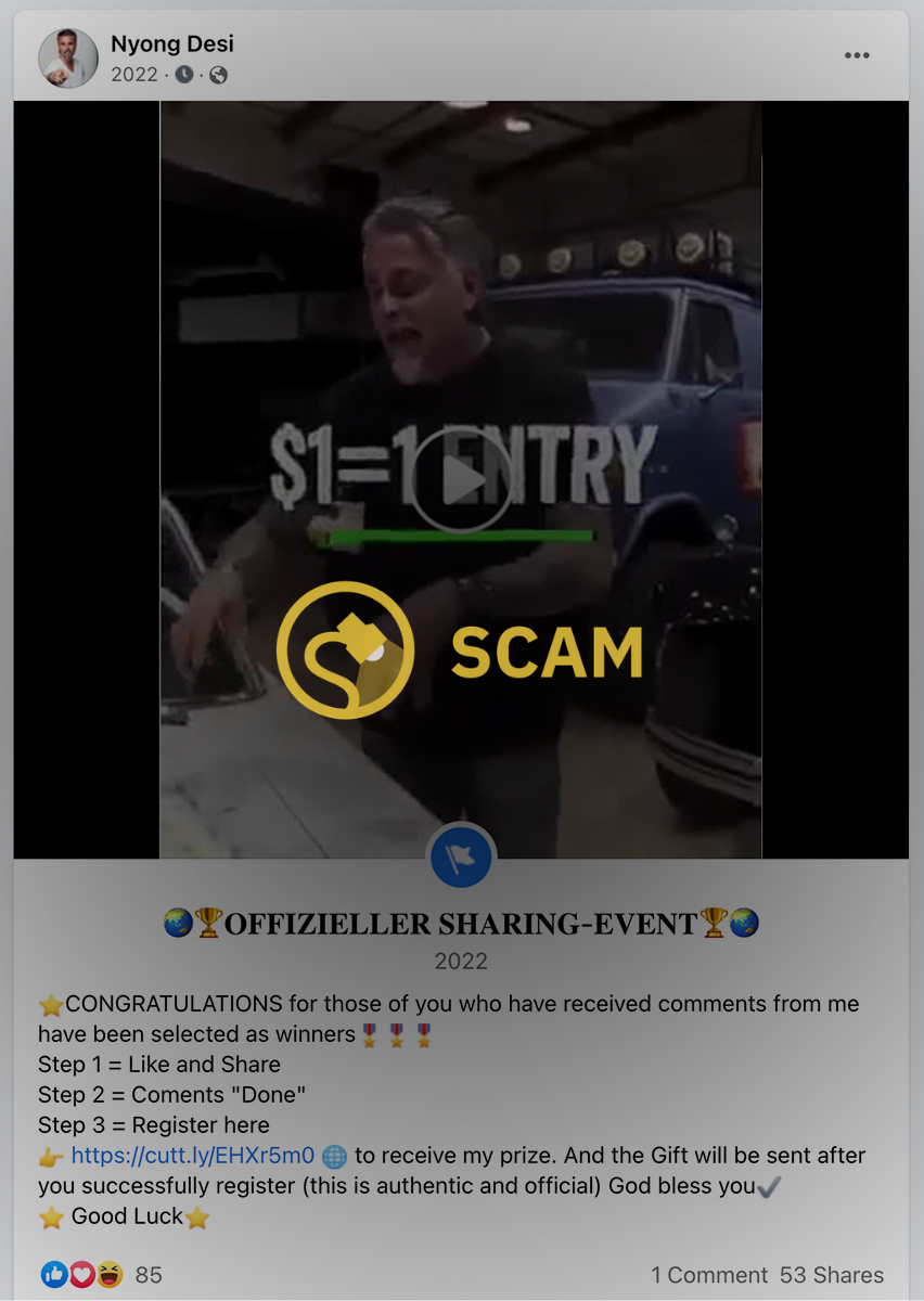 A real Facebook giveaway for Gas Monkey Garage from the Fast N' Loud TV show was seized on by scammers looking to receive cash through the Stash finance app.