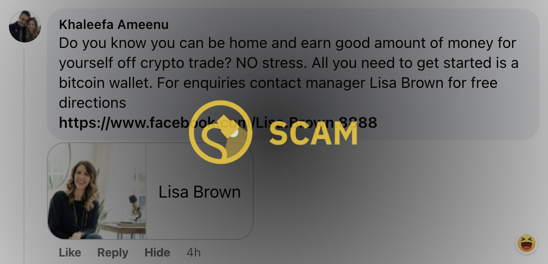 Lisa Brown en Facebook es una criptoestafadora que promete inversiones en Bitcoin.