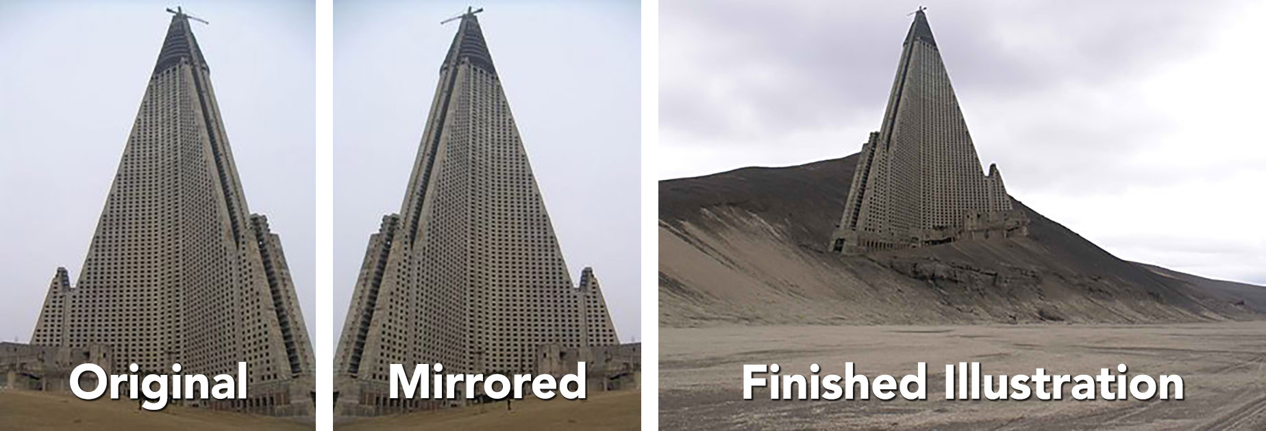 La imagen del Hotel Ryugyong con el edificio de la pirámide en una duna o montículo de arena es originalmente de una ilustración de Nicolas Moulin.