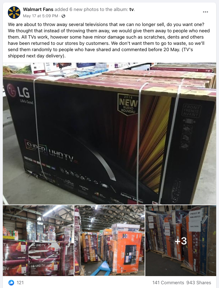 A Walmart Facebook scam promised free LG and Samsung TVs and televisions for taking surveys in a giveaway.