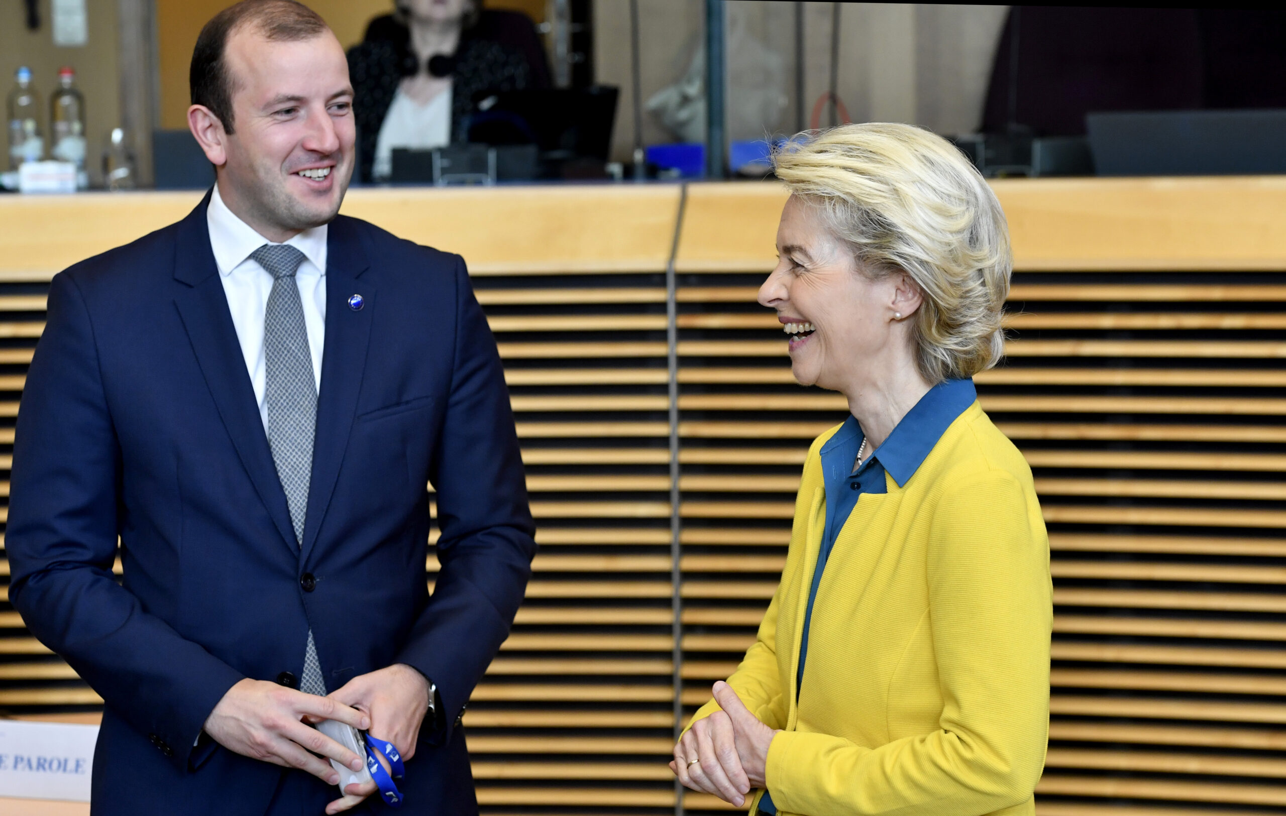 European Commission President Ursula von der Leyen, right, speaks with European Commissioner for Environment and Oceans Virginijus Sinkevicius during a meeting of the College of Commissioners at EU headquarters in Brussels, Friday, June 17, 2022. Ukraine's request to join the European Union may advance Friday with a recommendation from the EU's executive arm that the war-torn country deserves to become a candidate for membership in the 27-nation bloc. (AP Photo/Geert Vanden Wijngaert)