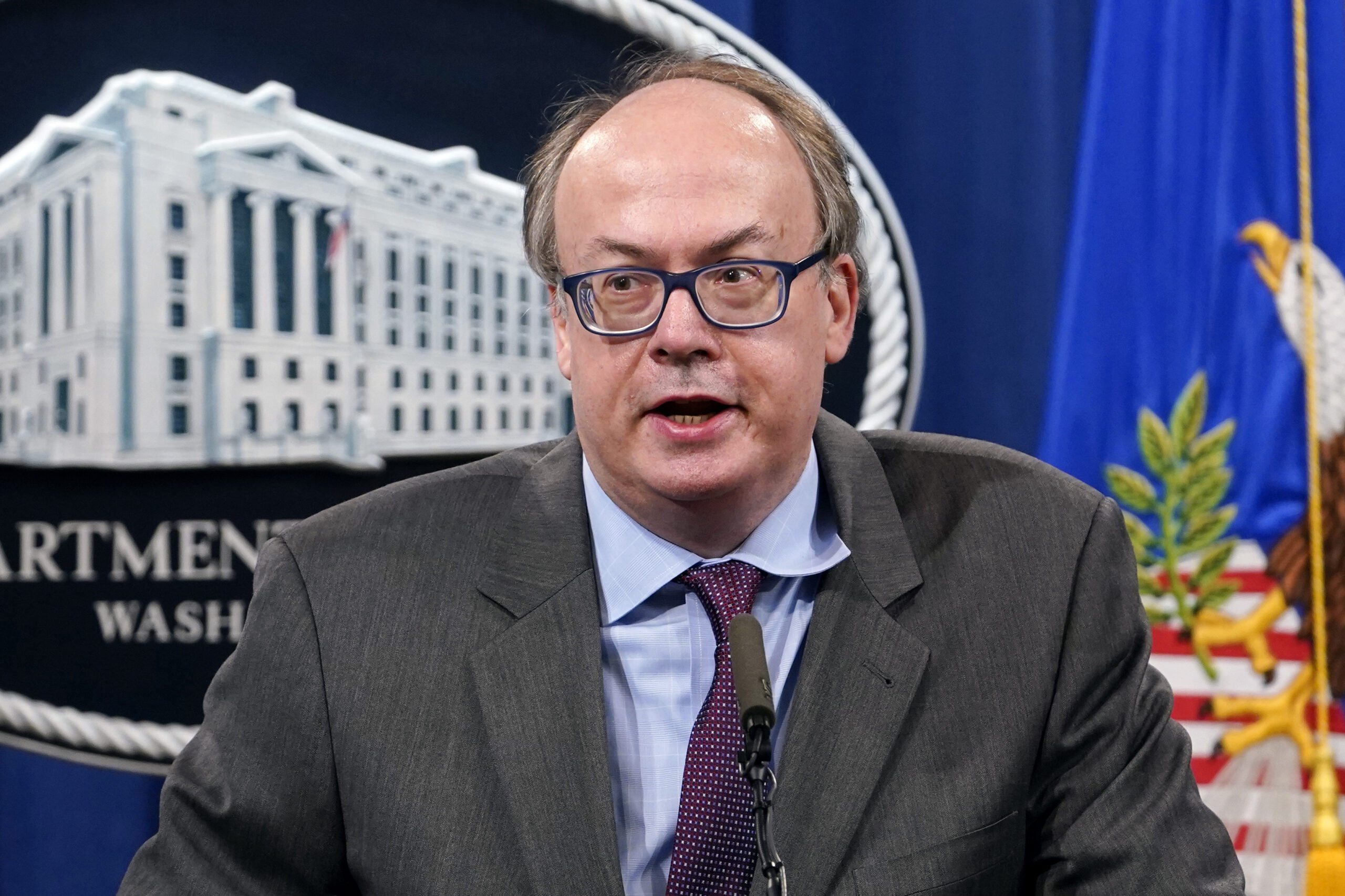 FILE - Jeffrey Clark, then-Assistant Attorney General for the Environment and Natural Resources Division, speaks during a news conference at the Justice Department in Washington, on Sept. 14, 2020. Federal agents have searched the Virginia home of the Trump-era Justice Department official who championed efforts by President Donald Trump to overturn the results of the 2020 election. (AP Photo/Susan Walsh, Pool, File)