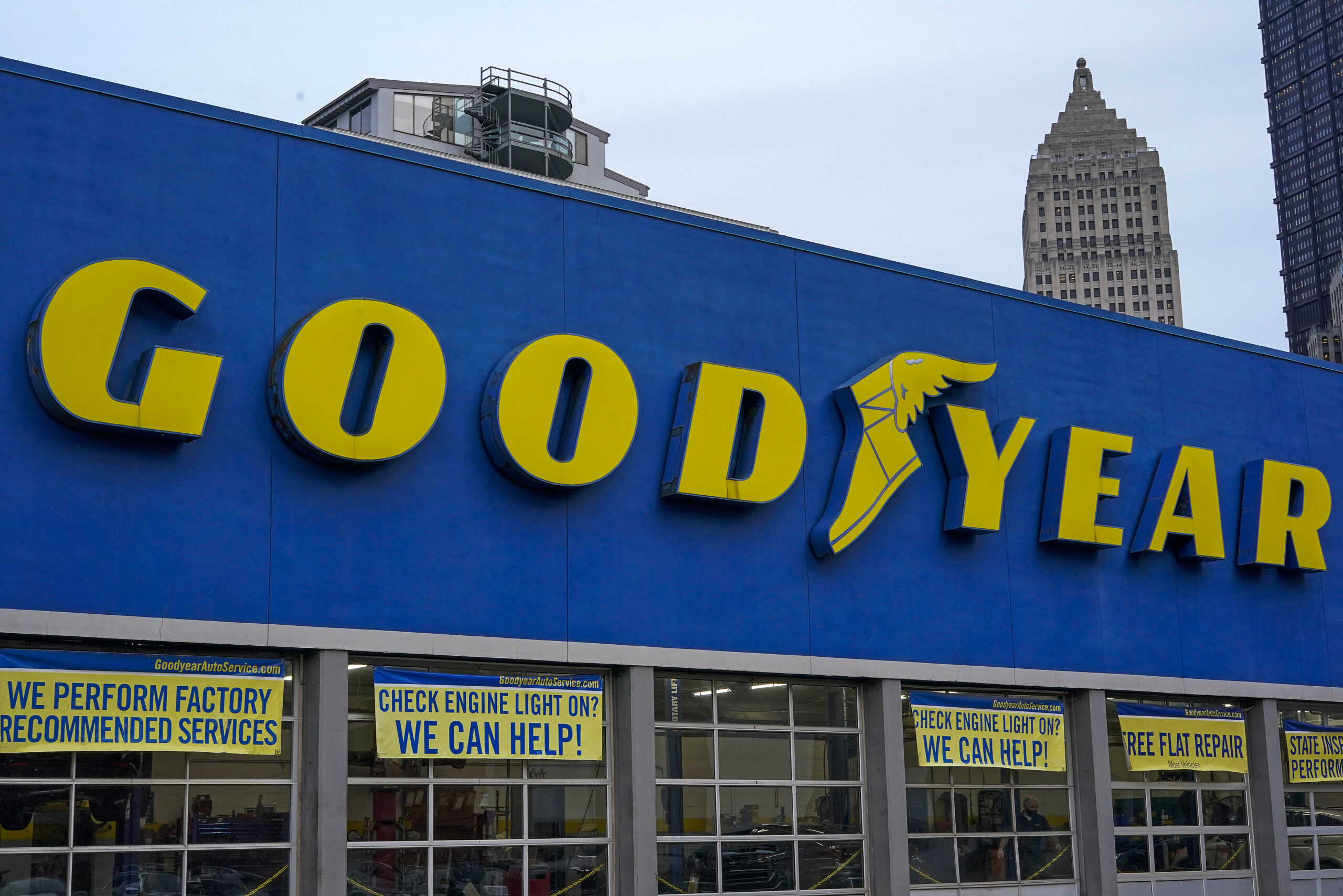 FILE - This is a Goodyear tire garage in downtown Pittsburgh on Wednesday, Jan. 12, 2022. Nine years after the last one was made, Goodyear has agreed to recall more than 173,000 recreational vehicle tires that the government says can fail and have killed or injured 95 people since 1998. (AP Photo/Gene J. Puskar, File)
