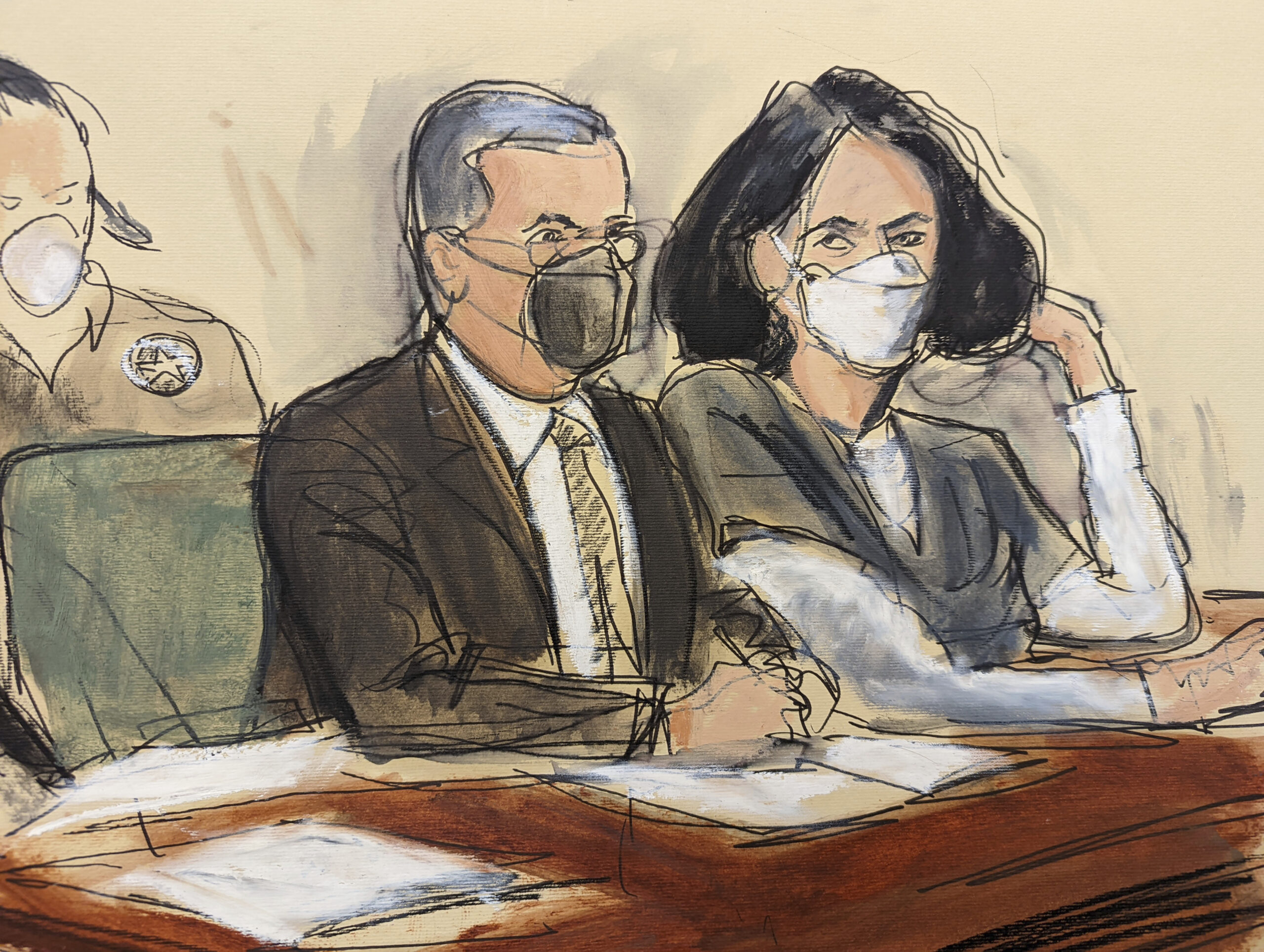 In this courtroom sketch, Ghislaine Maxwell, right, is seated beside her attorney, Christian Everdell, as they watch the prosecutor speak during her sentencing, Tuesday, June 28, 2022, in New York. Maxwell faces the likelihood of years in prison when she is sentenced for helping the wealthy financier Jeffrey Epstein sexually abuse underage girls. (AP Photo/Elizabeth Williams)