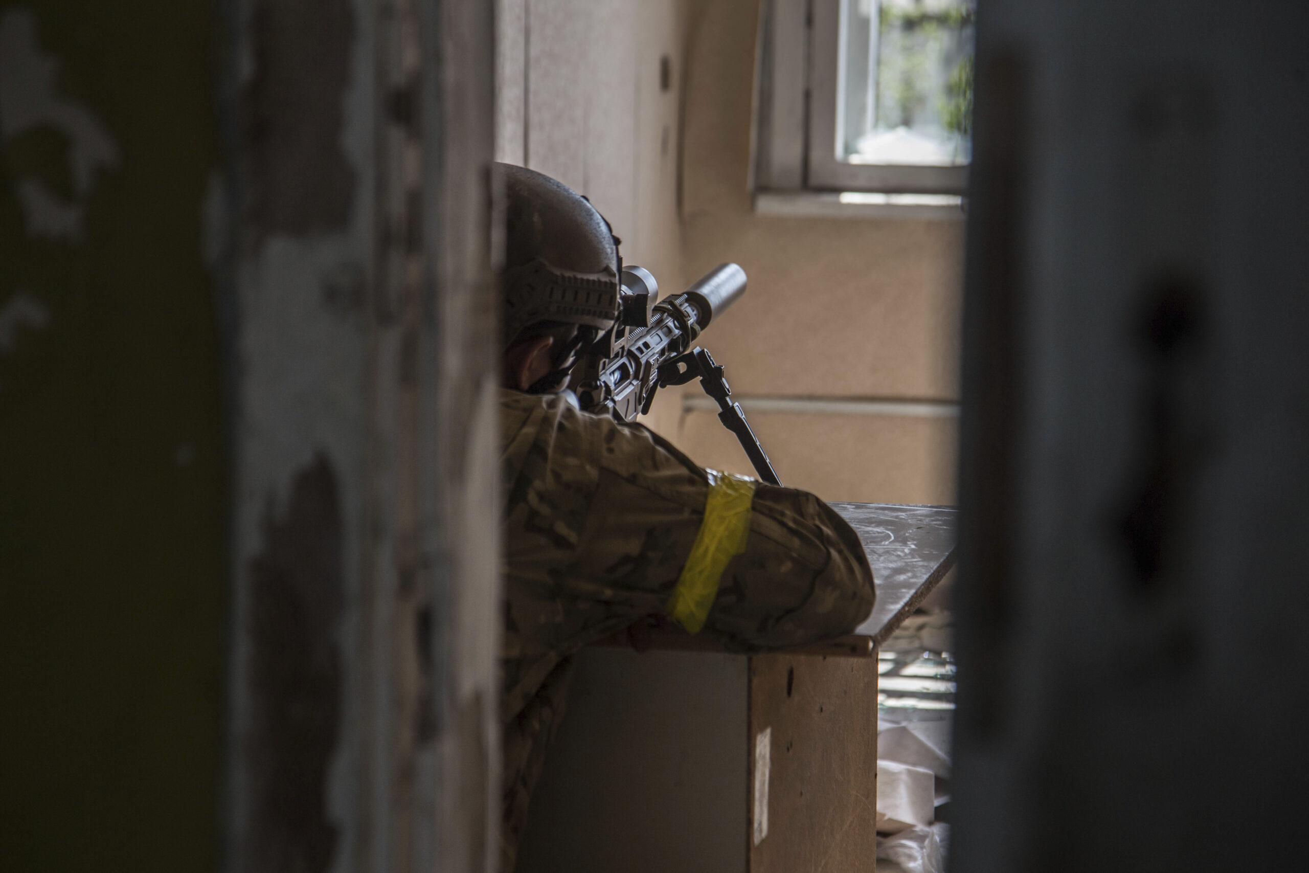 A Ukrainian soldier is in position during heavy fighting on the front line in Severodonetsk, the Luhansk region, Ukraine, Wednesday, June 8, 2022. (AP Photo/Oleksandr Ratushniak)