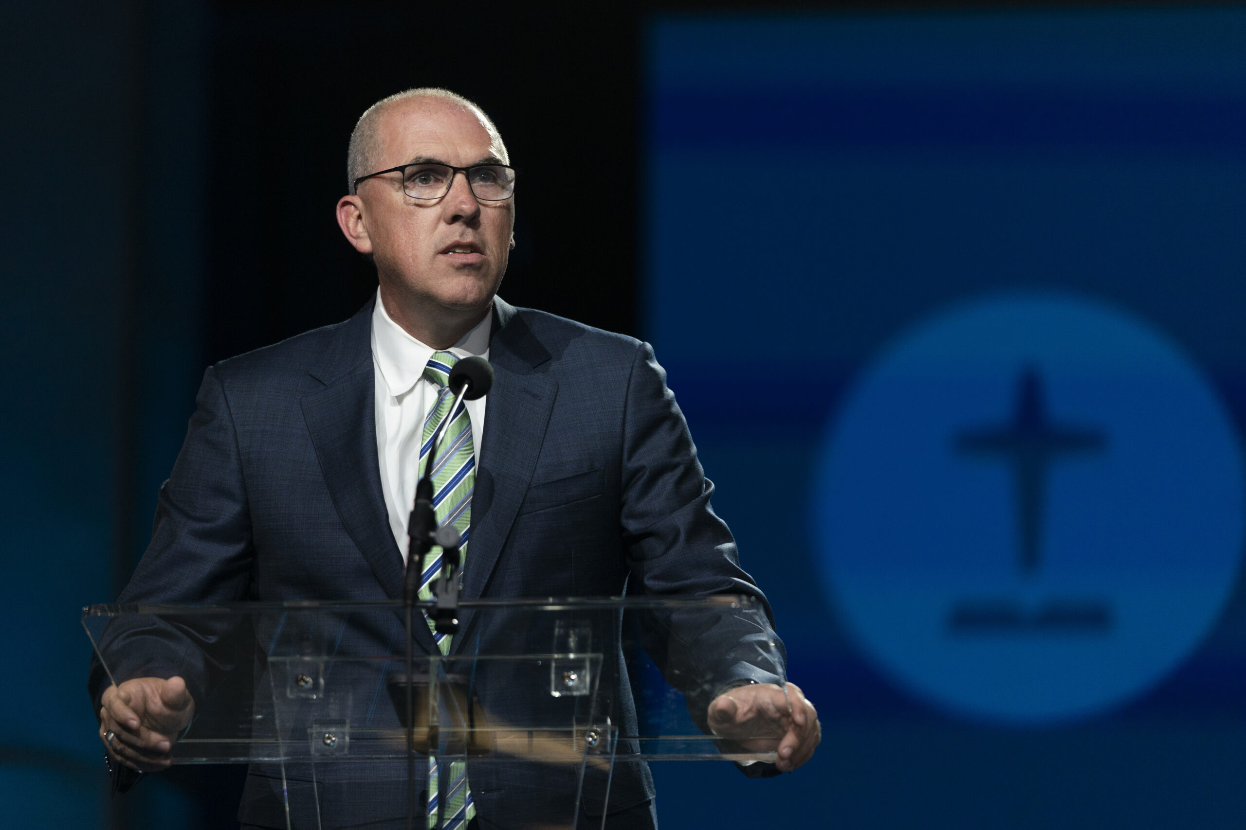Pastor Bart Barber, a presidential candidate of the Southern Baptist Convention, speaks during its annual meeting in Anaheim, Calif., Tuesday, June 14, 2022. (AP Photo/Jae C. Hong)