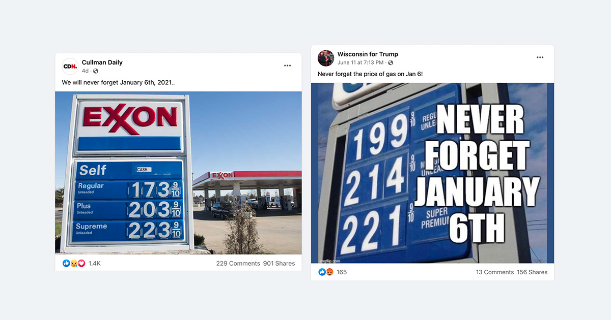 Facebook and Twitter posts and memes said to never forget January 6th and showed gas prices instead of images of the Capitol riot.