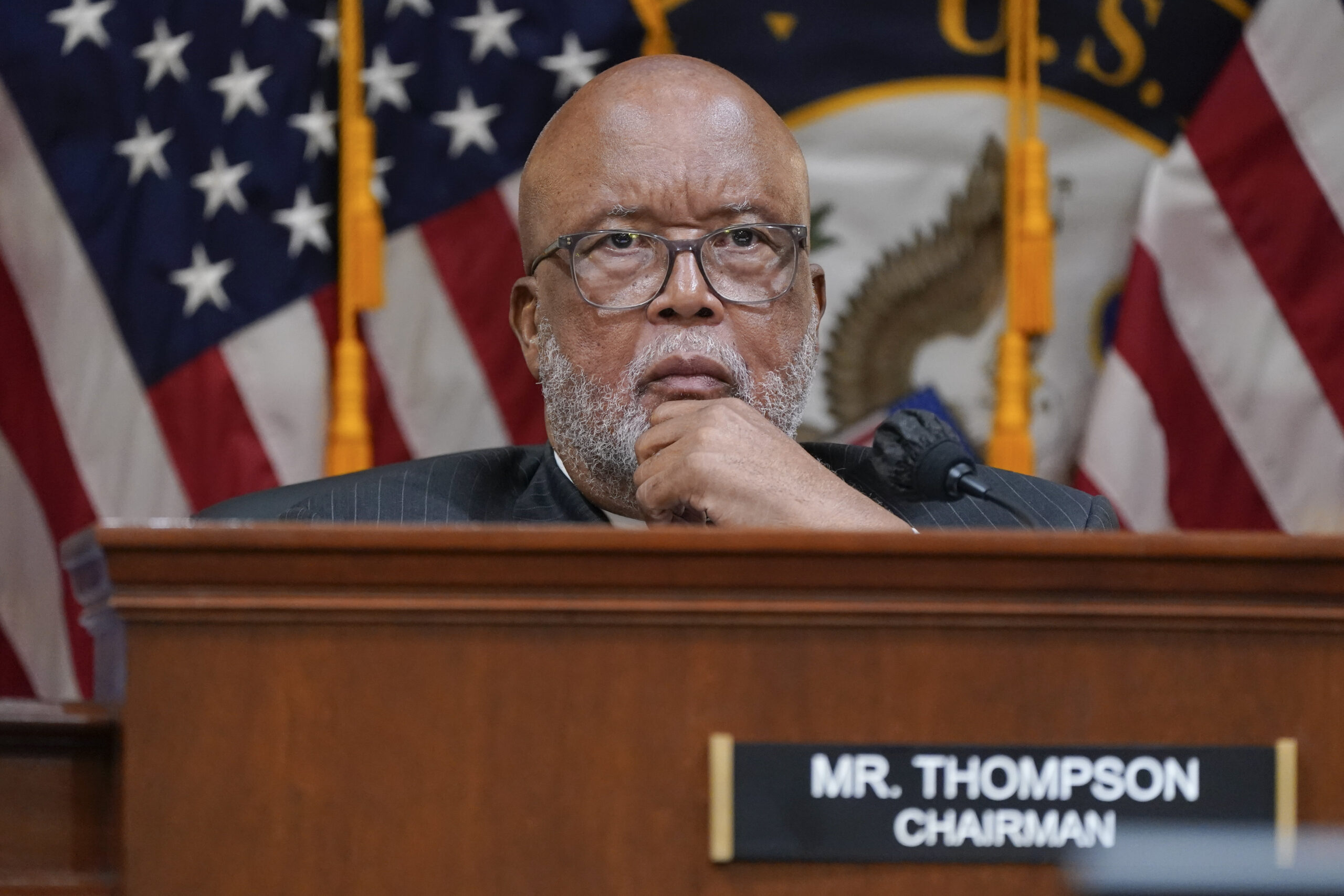 FILE - Chairman Bennie Thompson, D-Miss., listens as the House select committee investigating the Jan. 6 attack on the U.S. Capitol holds a hearing at the Capitol in Washington, July 12, 2022. The chairman of the House Jan. 6 committee has tested positive for COVID-19, but the panel will still hold its prime-time hearing on Thursday. Thompson announced Tuesday he tested positive for the virus. (AP Photo/J. Scott Applewhite, File)