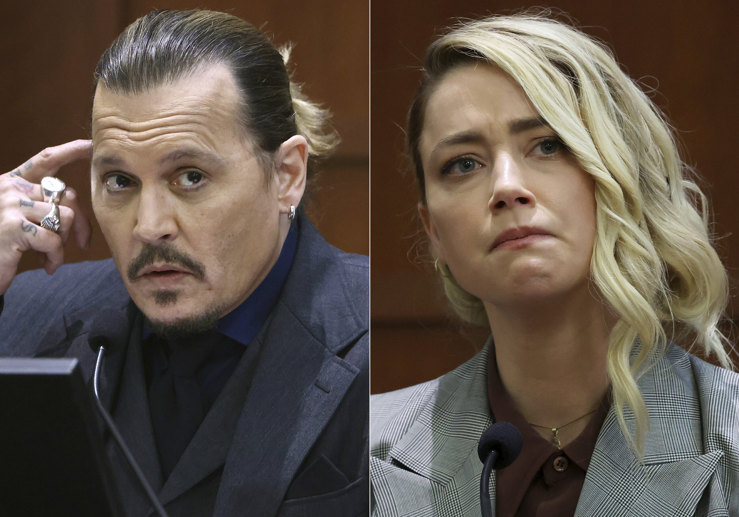 This combination of photos shows actor Johnny Depp testifying at the Fairfax County Circuit Court in Fairfax, Va., on April 21, 2022, left, and actor Amber Heard testifying in the same courtroom on May 26, 2022. The judge in the Johnny Depp-Amber Heard defamation trial made a jury's award official Friday with a written order for Heard to pay Depp $10.35 million for damaging his reputation by describing herself as a domestic abuse victim in an op-ed piece she wrote. (AP Photo)