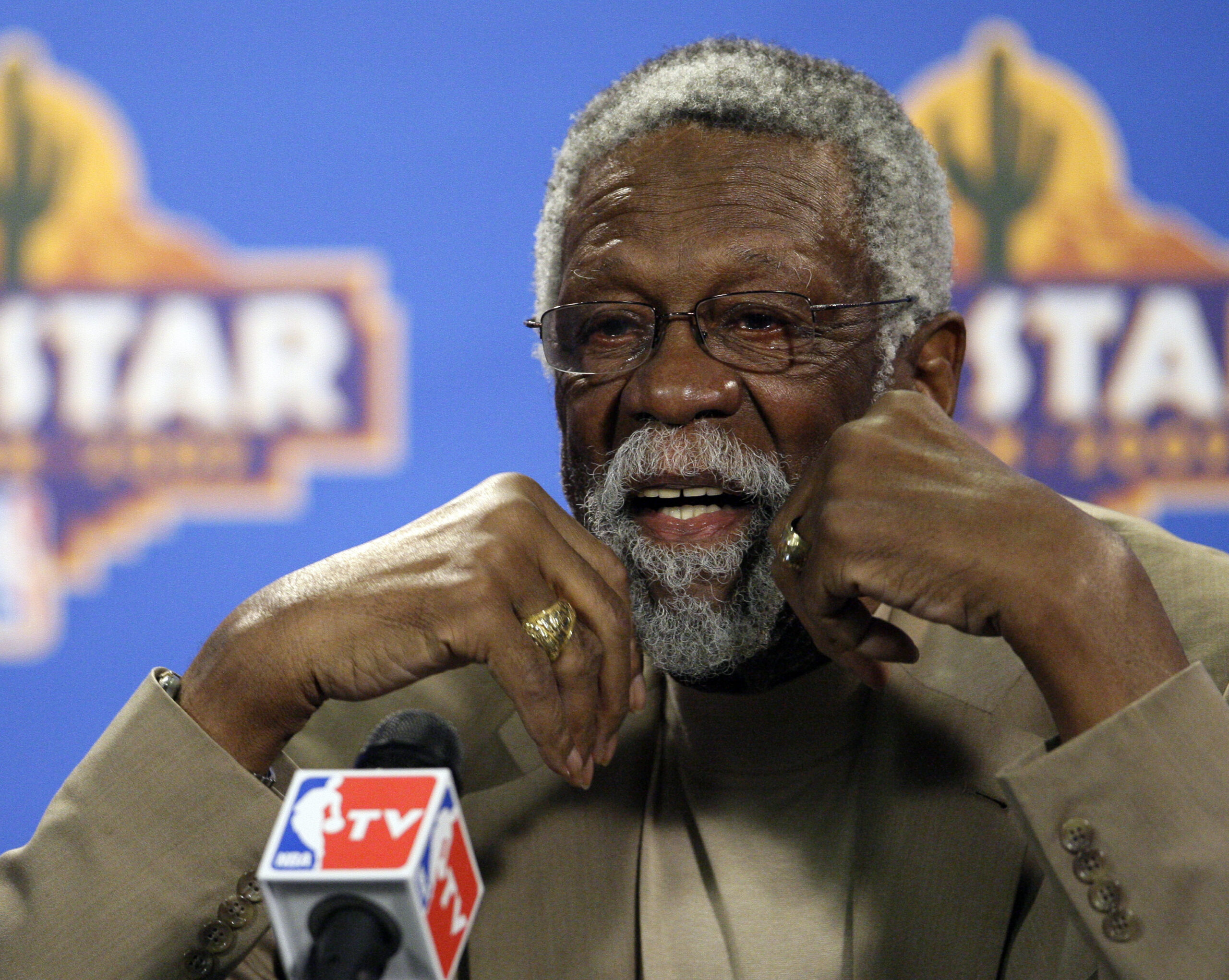 FILE - Former NBA great Bill Russell speaks during a news conference at the NBA All-Star basketball weekend, Feb. 14, 2009, in Phoenix. The NBA great Bill Russell has died at age 88. His family said on social media that Russell died on Sunday, July 31, 2022. Russell anchored a Boston Celtics dynasty that won 11 titles in 13 years. (AP Photo/Matt Slocum, file)