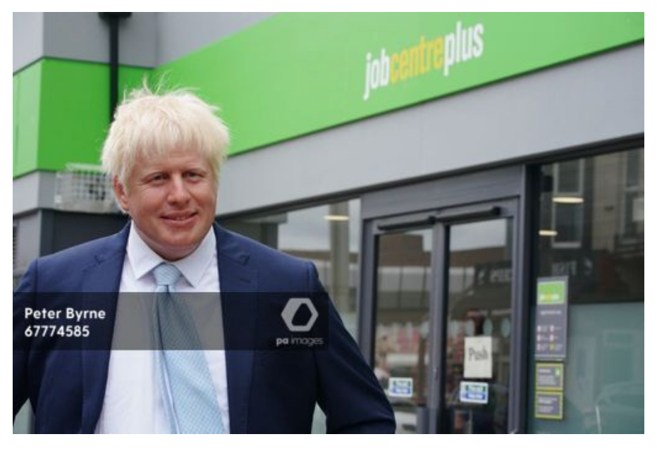 Tussauds wax figure of Boris Johnson outside Job Centre Plus