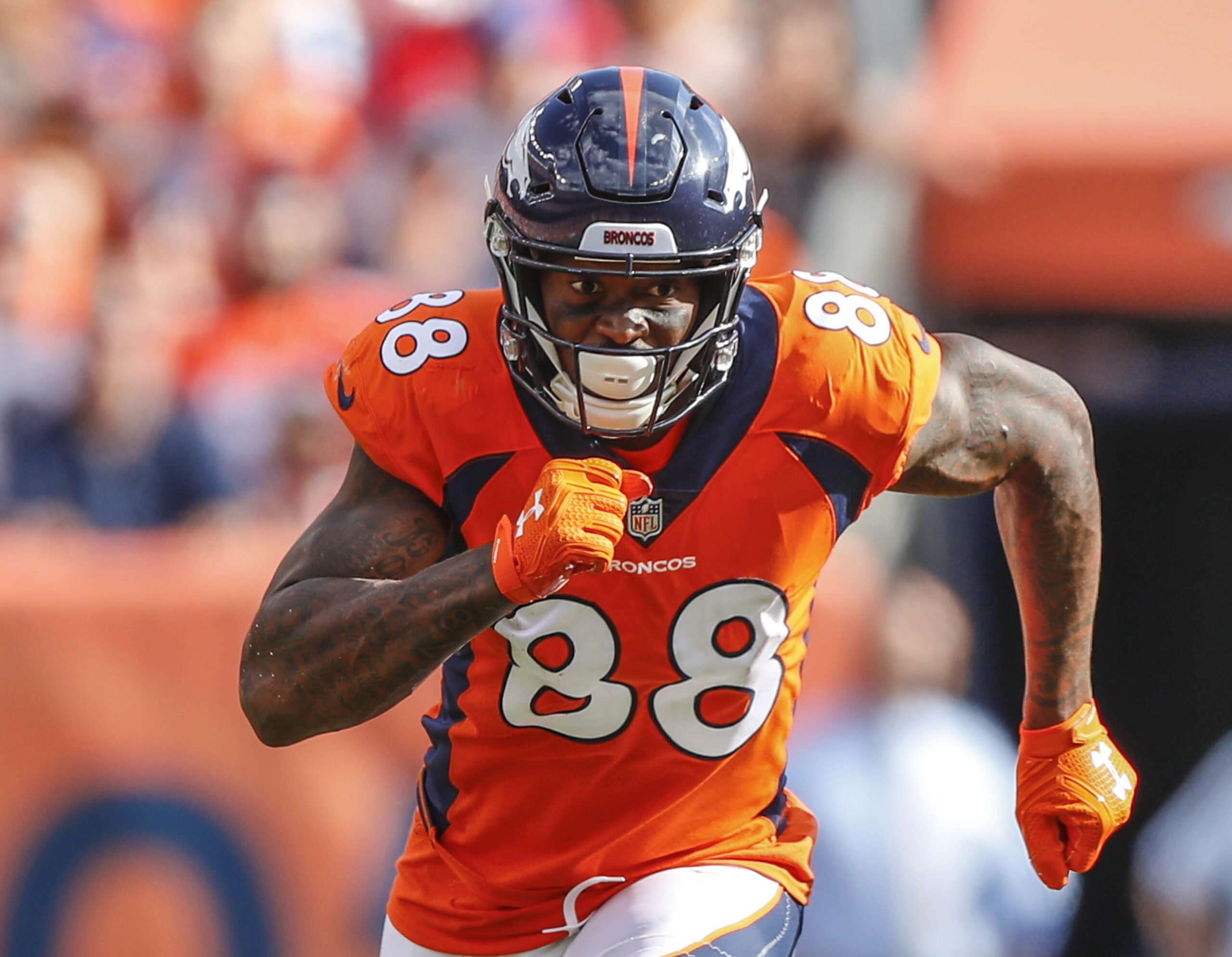 FILE - In this Sept. 16, 2018, file photo, Denver Broncos wide receiver Demaryius Thomas (88) runs against the Oakland Raiders during the second half of an NFL football game, in Denver. Former NFL star Demaryius Thomas, who died last December at age 33, had CTE, his family said Tuesday, July 5, 2022. (AP Photo/Jack Dempsey, File)