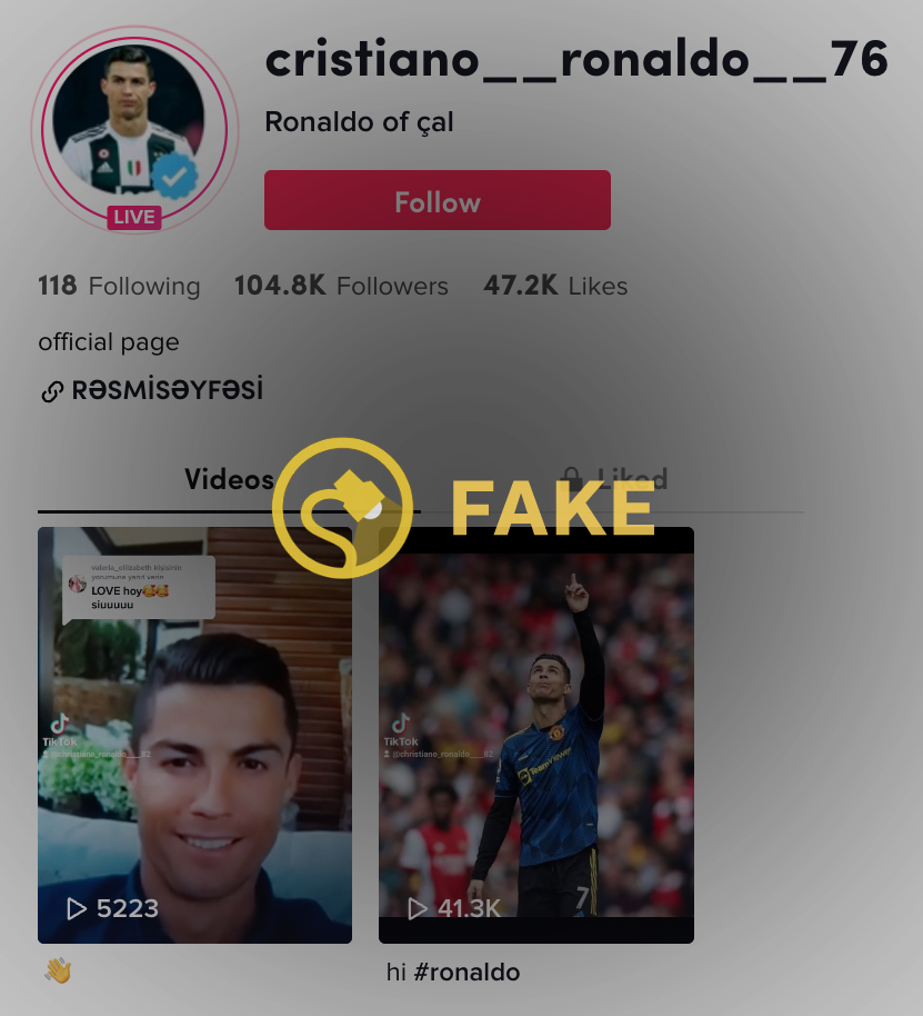 A fake TikTok livestream account for Cristiano Ronaldo gained 100,000 followers in less than 72 hours.