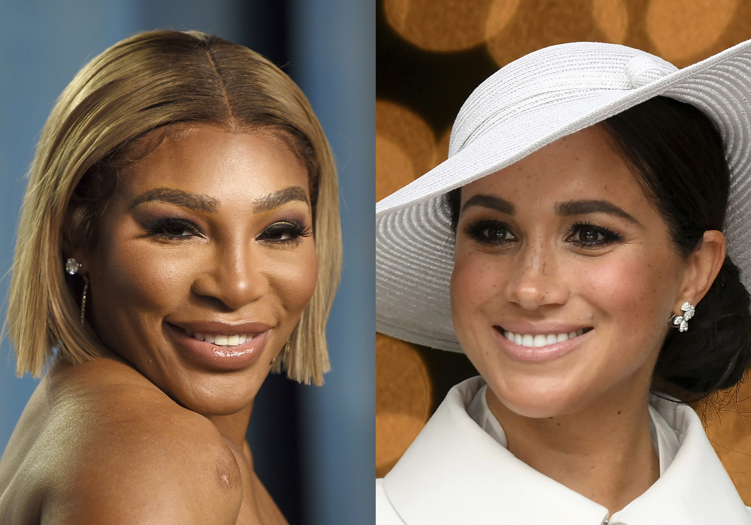 Serena Williams appears at the Vanity Fair Oscar Party in Beverly Hills, Calif., on March 27, 2022, left, and Meghan, Duchess of Sussex, appears at a service of thanksgiving for the reign of Queen Elizabeth II in London on June 3, 2022. The first episode of “Archetypes,” a podcast by Meghan, the Duchess of Sussex, features a discussion between her and Williams on motherhood. The podcast is Meghan's first release as part of an exclusive deal with Spotify. (AP Photo)