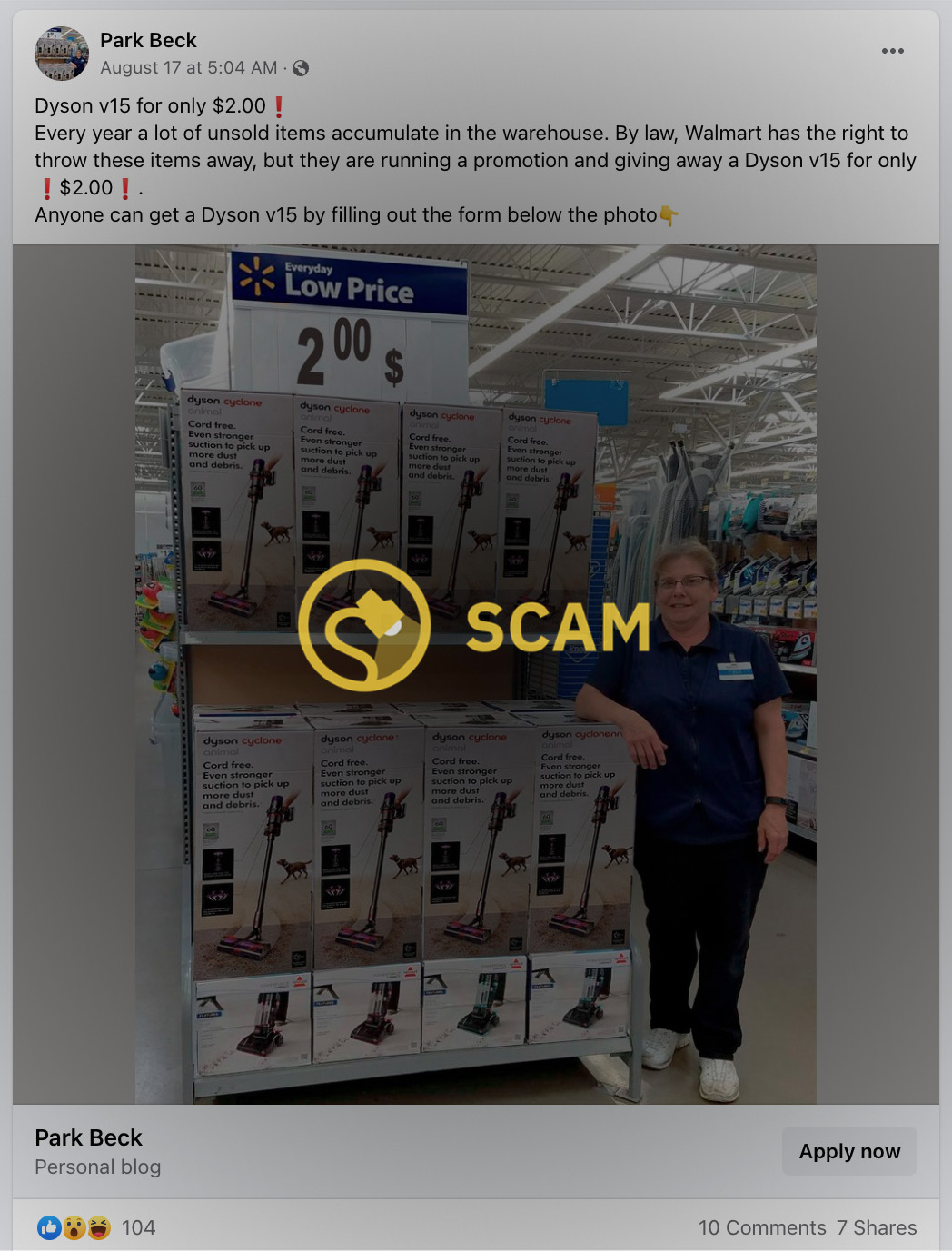 Walmart was not giving away Dyson V15 Detect cordless vacuum cleaners in a Facebook promotion.