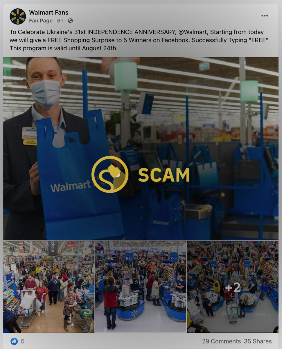 A Facebook scam claimed that Walmart was offering a shopping surprise spree to five winners in honor of Ukraine's 31st Independence Day.