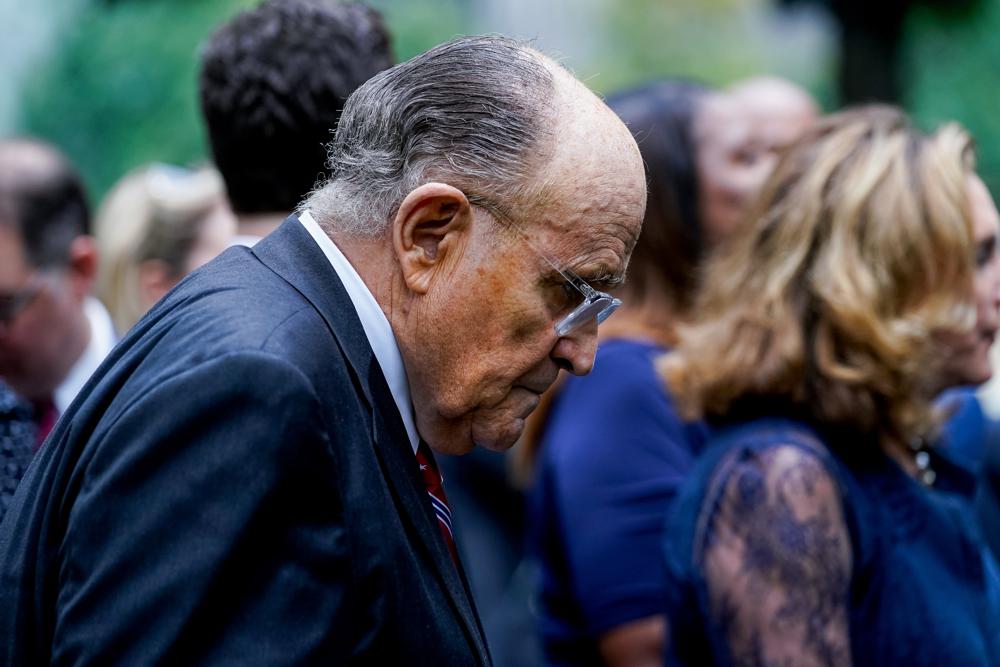 Former New York City Mayor Rudy Giuliani arrives to the ceremonies to commemorate the 21st anniversary of the Sept. 11 terrorist attacks, Sunday, Sept. 11, 2022, at the National September 11 Memorial & Museum in New York. (AP Photo/Julia Nikhinson)