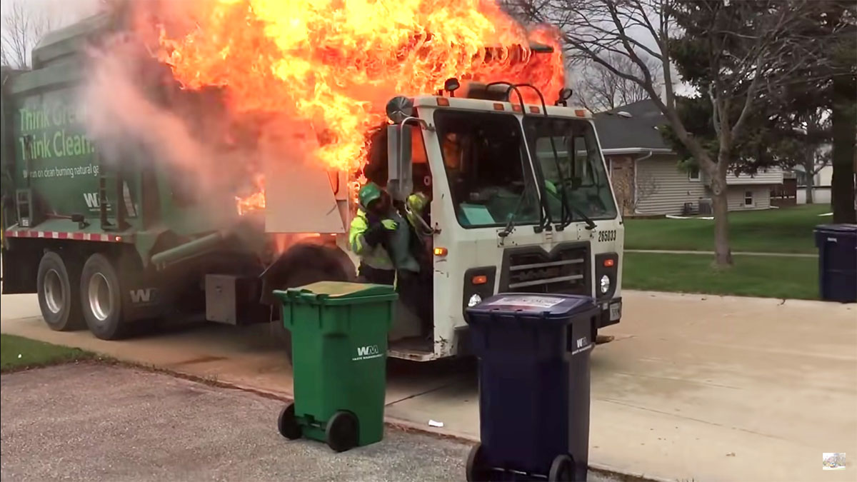 A TikTok video supposedly showed a garbage truck bursting into flames.