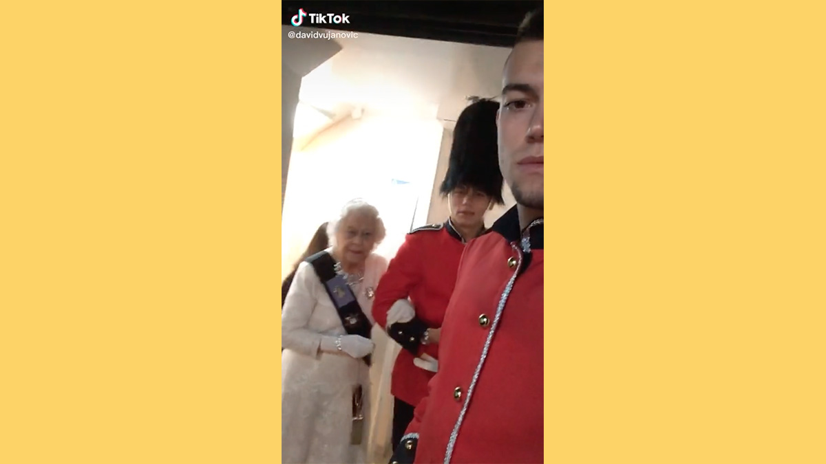 A TikTok video from 2020 appeared to show Queen Elizabeth II in a selfie video captured by a member of the royal Queen's Guard also known as a Beefeater.