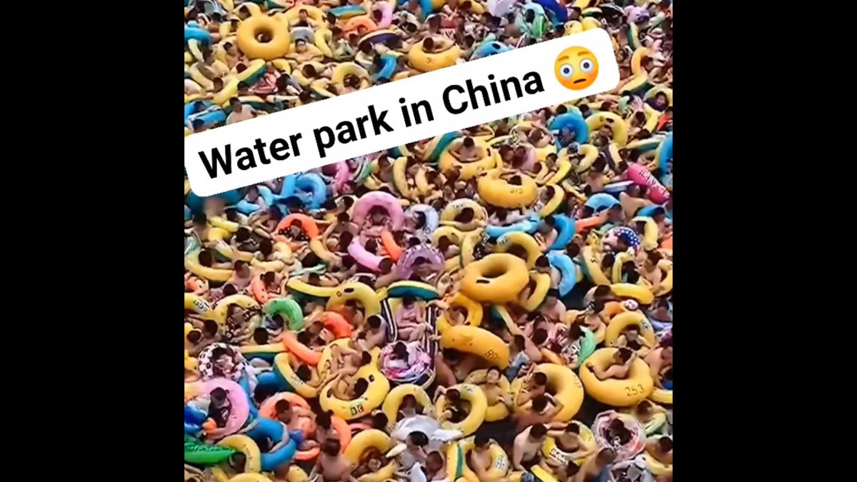 A video captioned as water park in China or waterpark in China showed hundreds of people in inflatable rubber tubes floating in a wave swimming pool.
